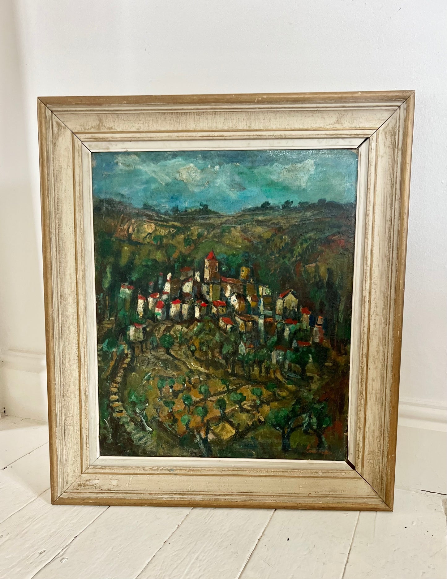 Large Provence Oil Painting of a Hilltop Village & Vineyard 1920