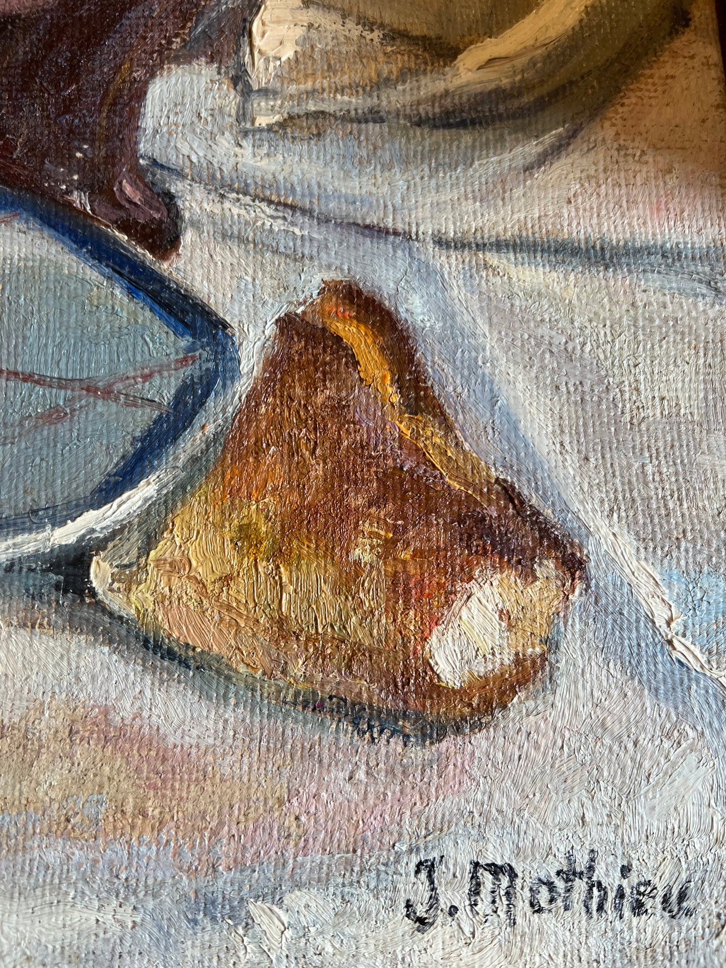 Cheese & Bread French Oil on Canvas Painting by J Mathieu 1955