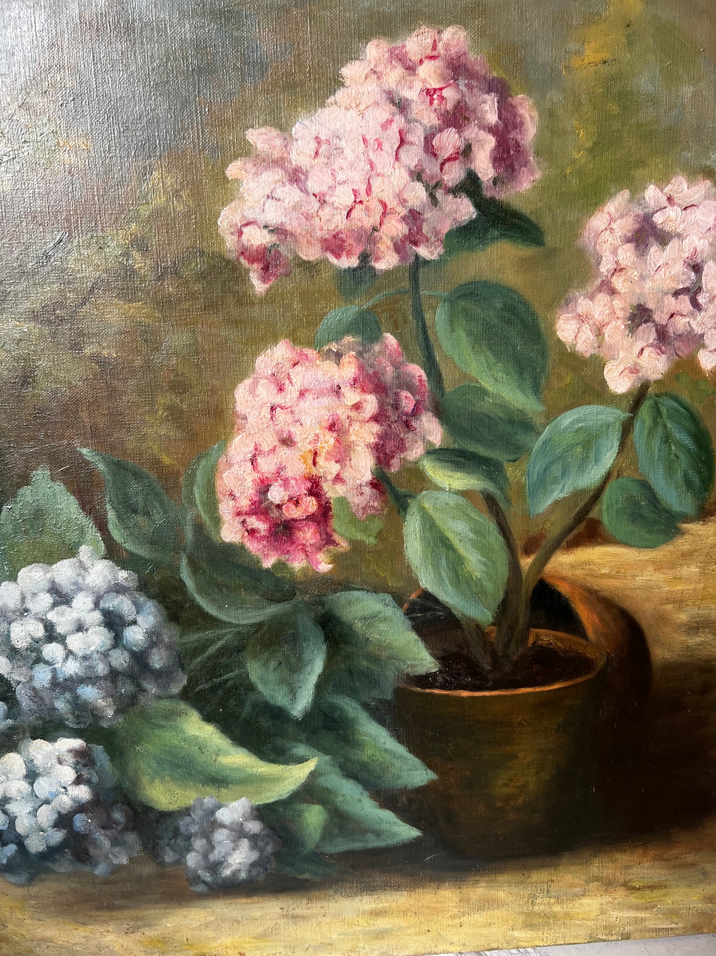 Large French Oil on Canvas Painting of Hydrangeas