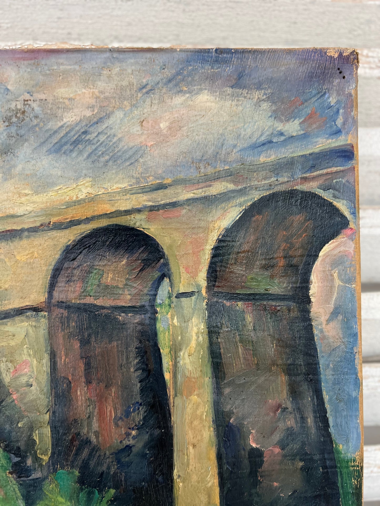 French Oil on Canvas Painting by Edouard Alluaud 1930’s ‘Viaduct Cottages’