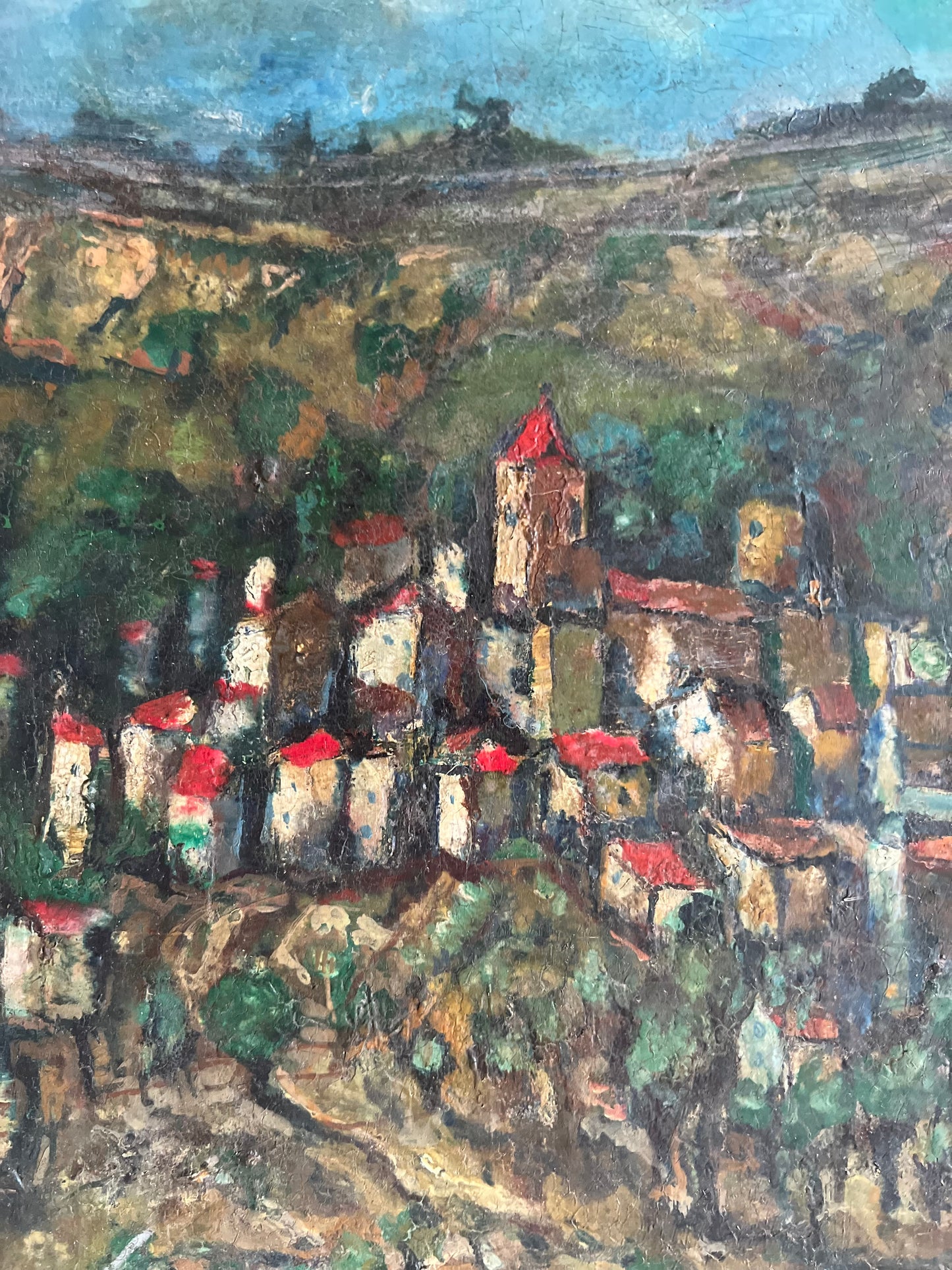 Large Provence Oil Painting of a Hilltop Village & Vineyard