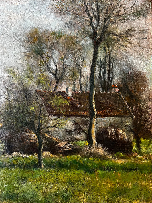Beautiful French Antique Countryside oil painting on canvas dated 1876