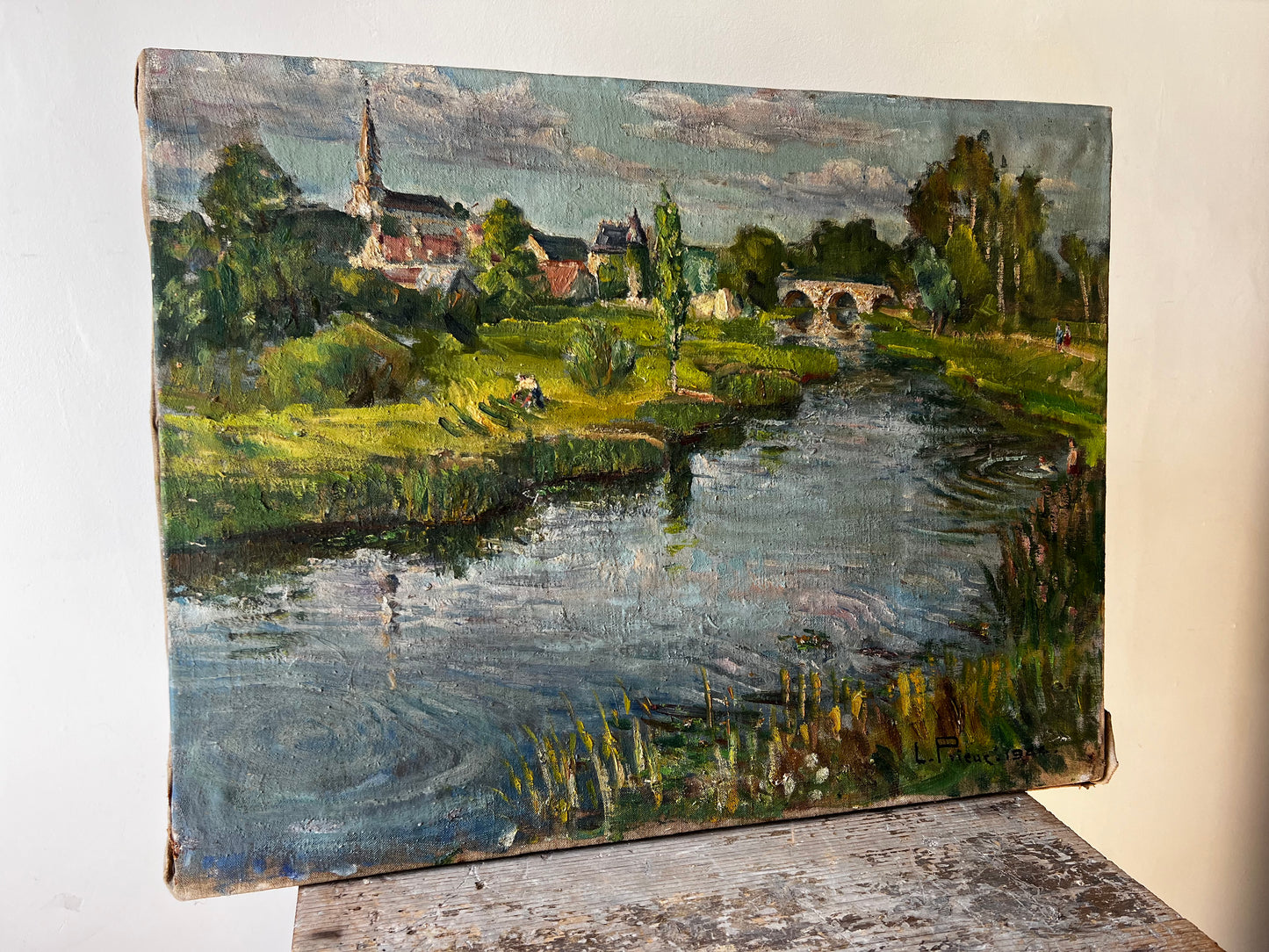 Large French Oil on Canvas Landscape Painting Dated 1944