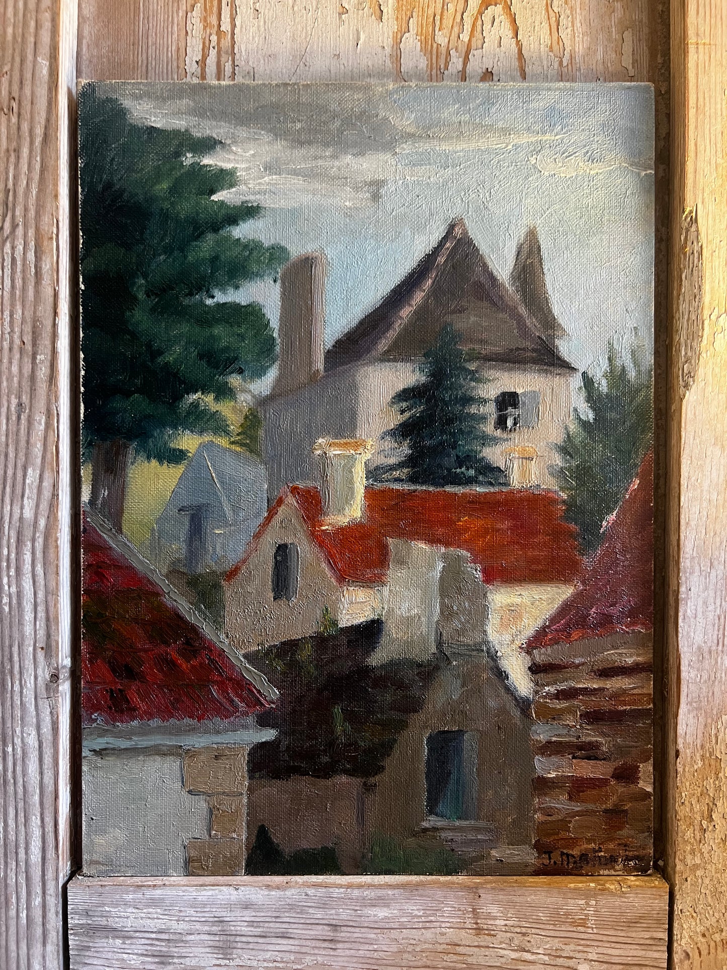 Vintage French Oil on Board Painting ‘ Roof Tops ‘