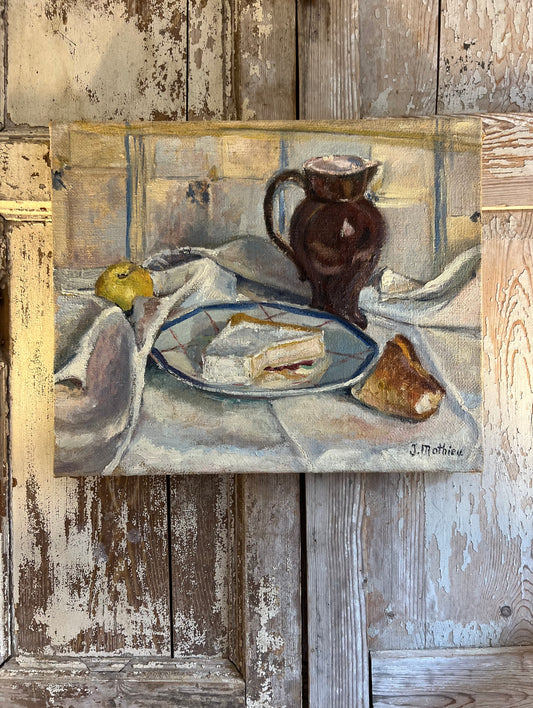 Cheese & Bread French Oil on Canvas Painting by J Mathieu 1955