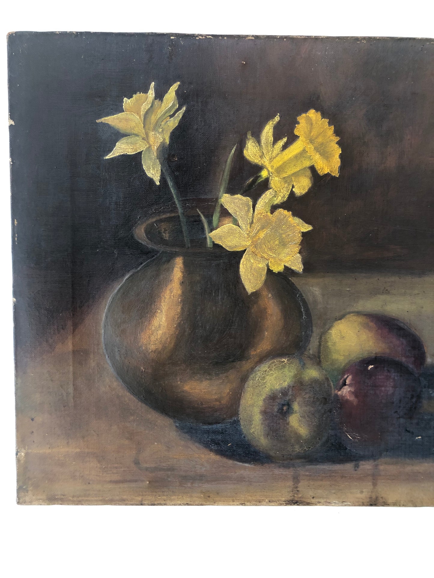 British oil on canvas still life painting Daffodils and Apples