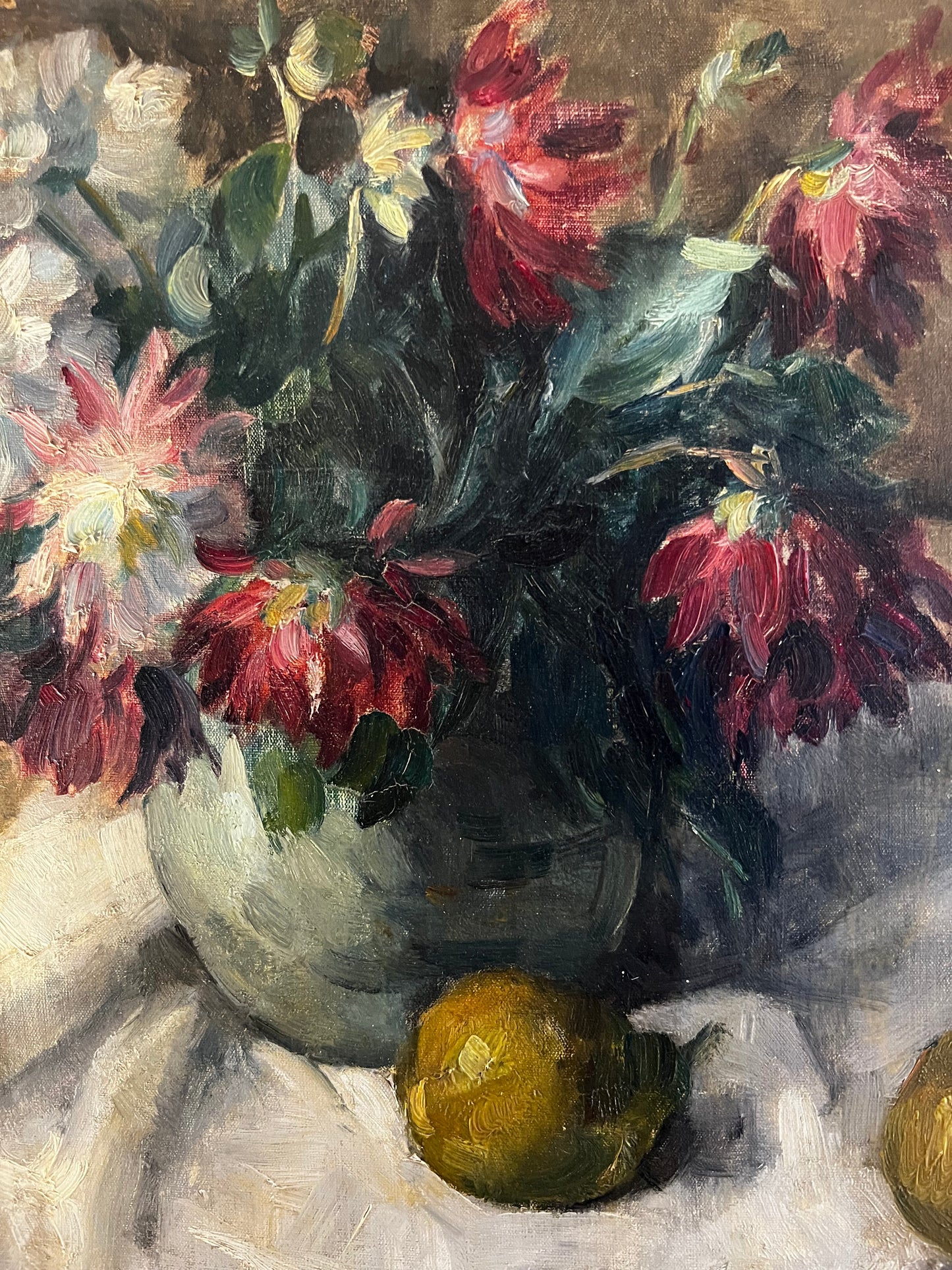 French 1930’s Still Life Oil Painting on Canvas Pears & Flowers