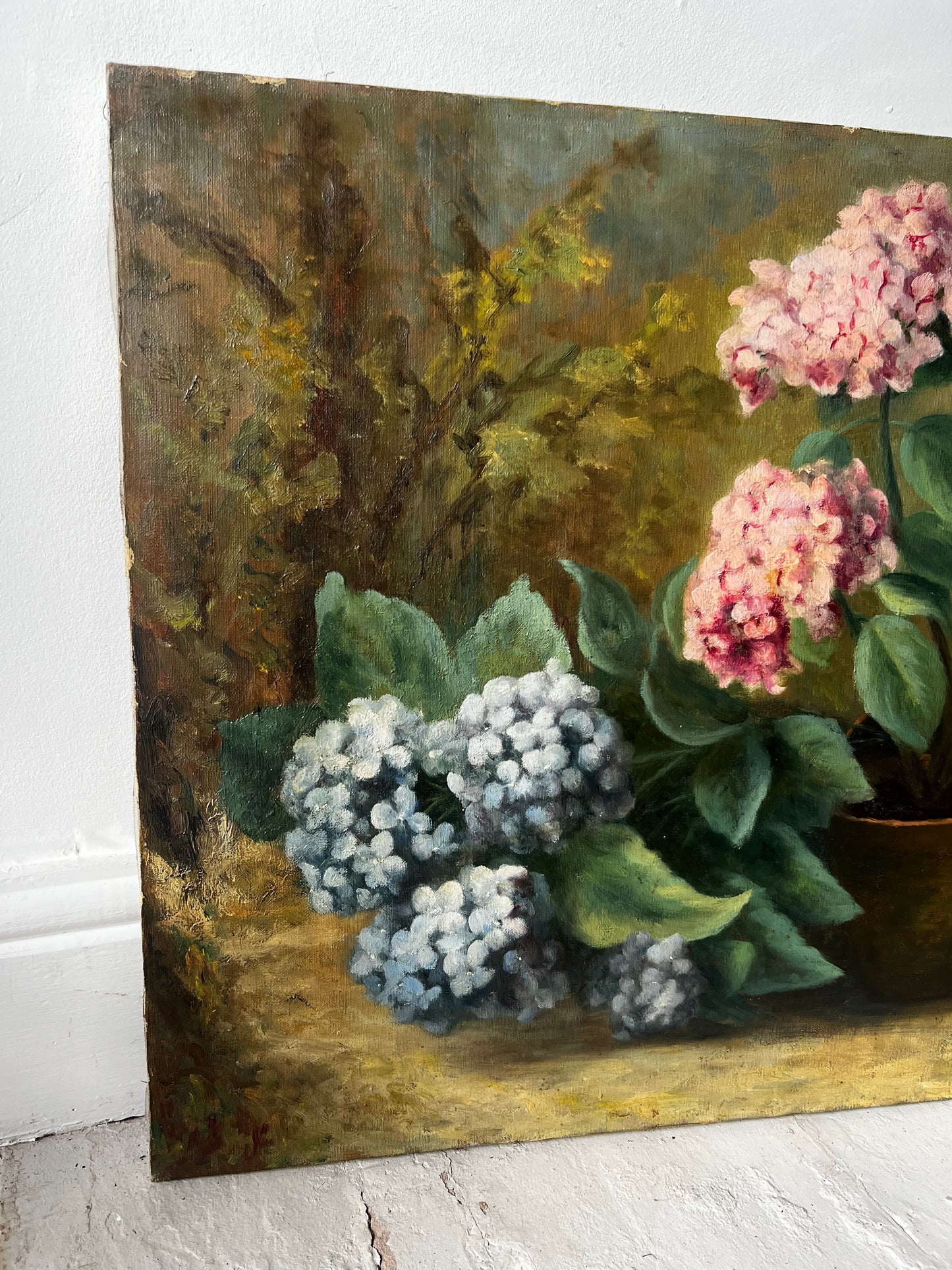 Large French Oil on Canvas Painting of Hydrangeas