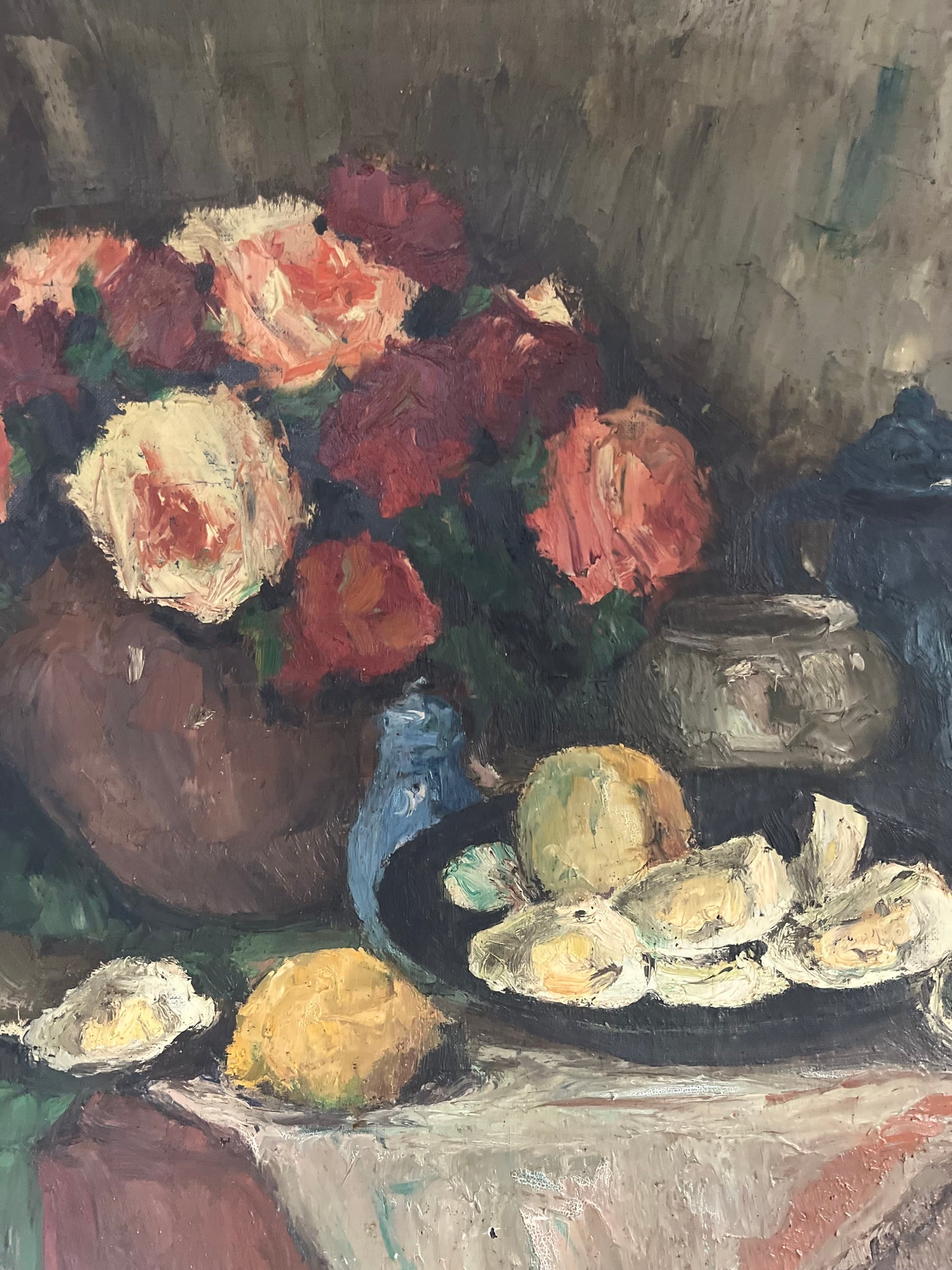 Large Post Impressionist Belgian Oil on Canvas Still Life Painting by Richard-Leon Leutenez 1881-1963 Roses & Oysters