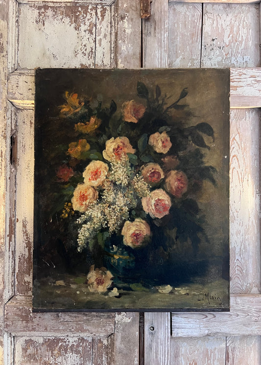 Gorgeous French Oil on Canvas Floral Painting of Roses
