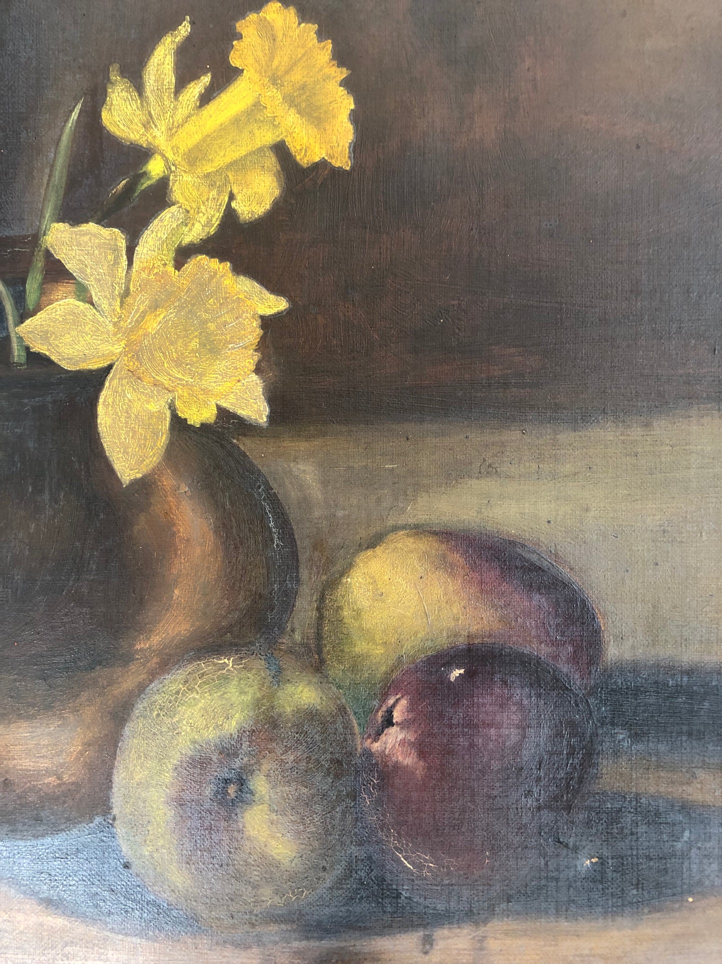 British oil on canvas still life painting Daffodils and Apples