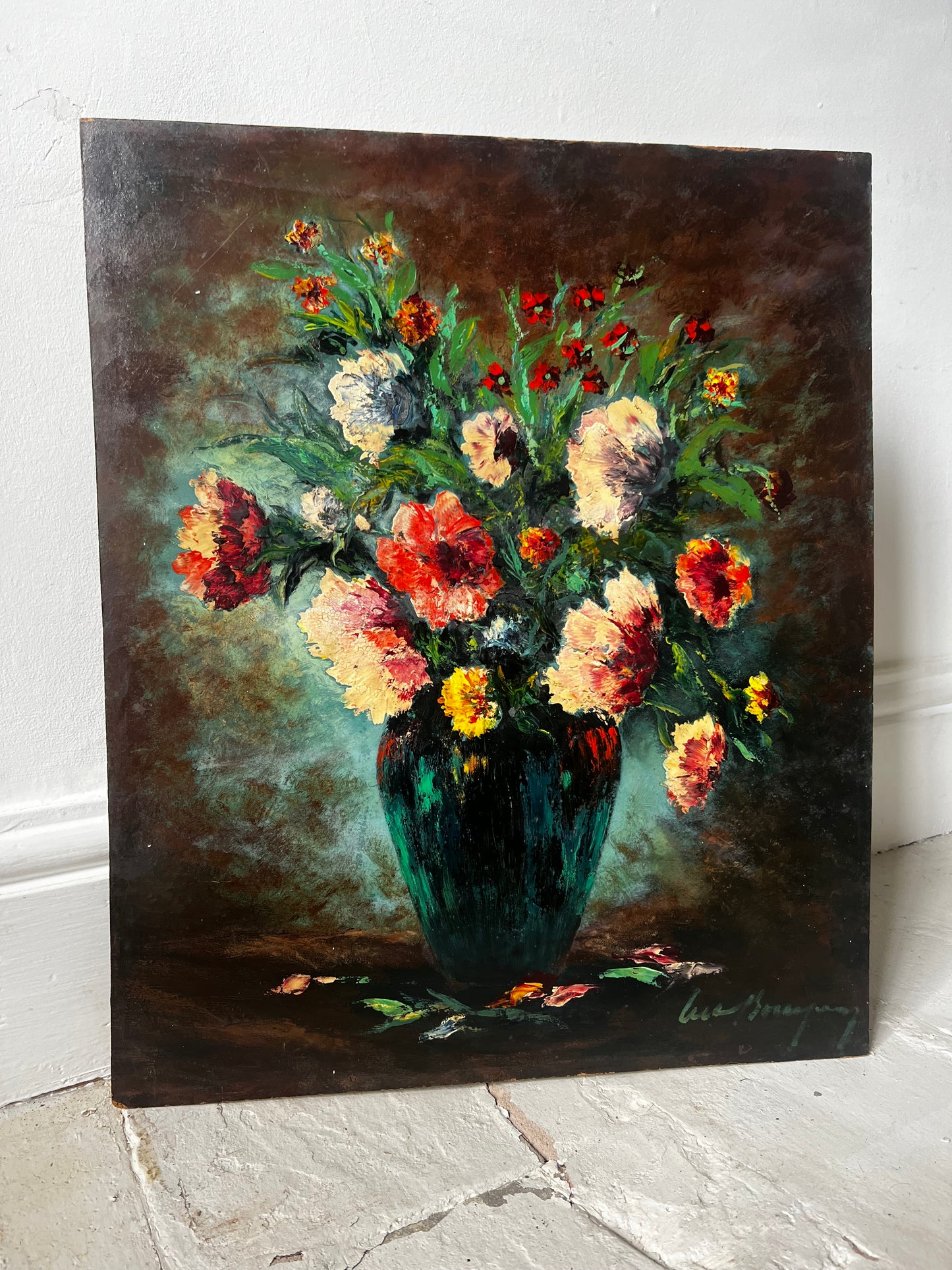 Beautiful Large French Floral Oil Painting