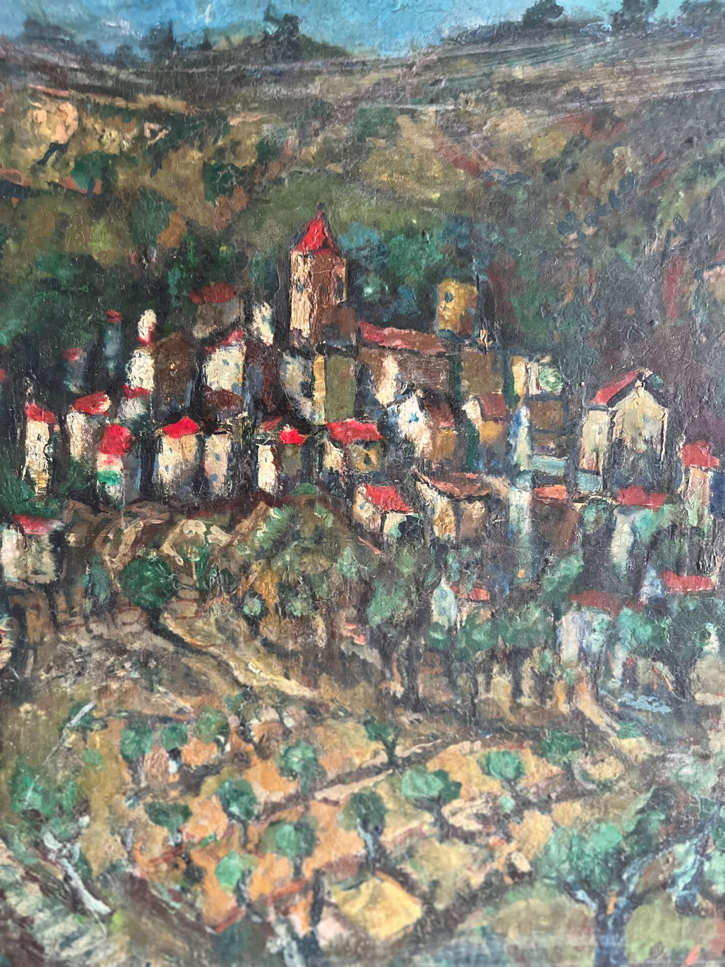 Large Provence Oil Painting of a Hilltop Village & Vineyard