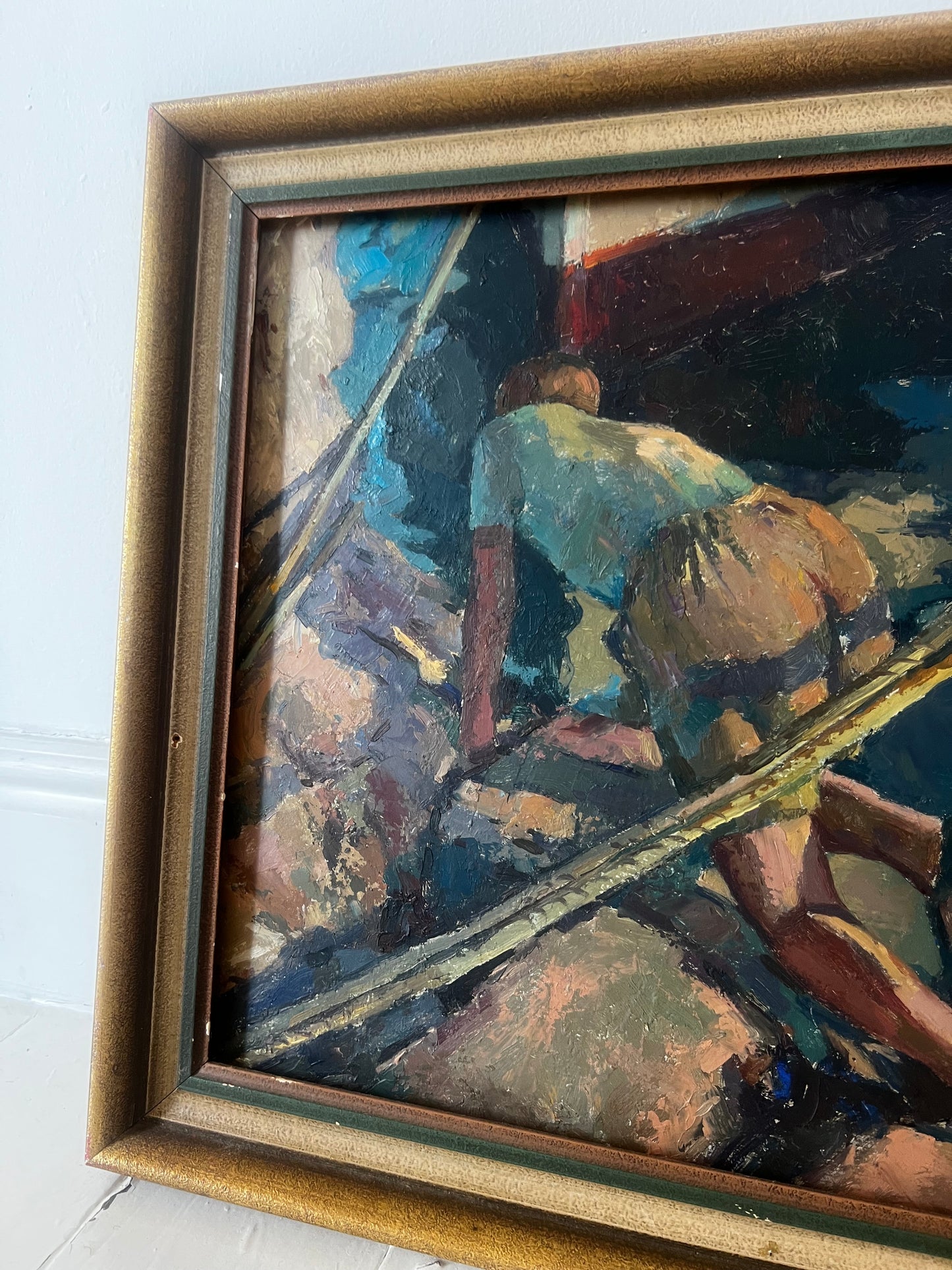 Large Framed Swedish Oil Painting Boy on a Yacht