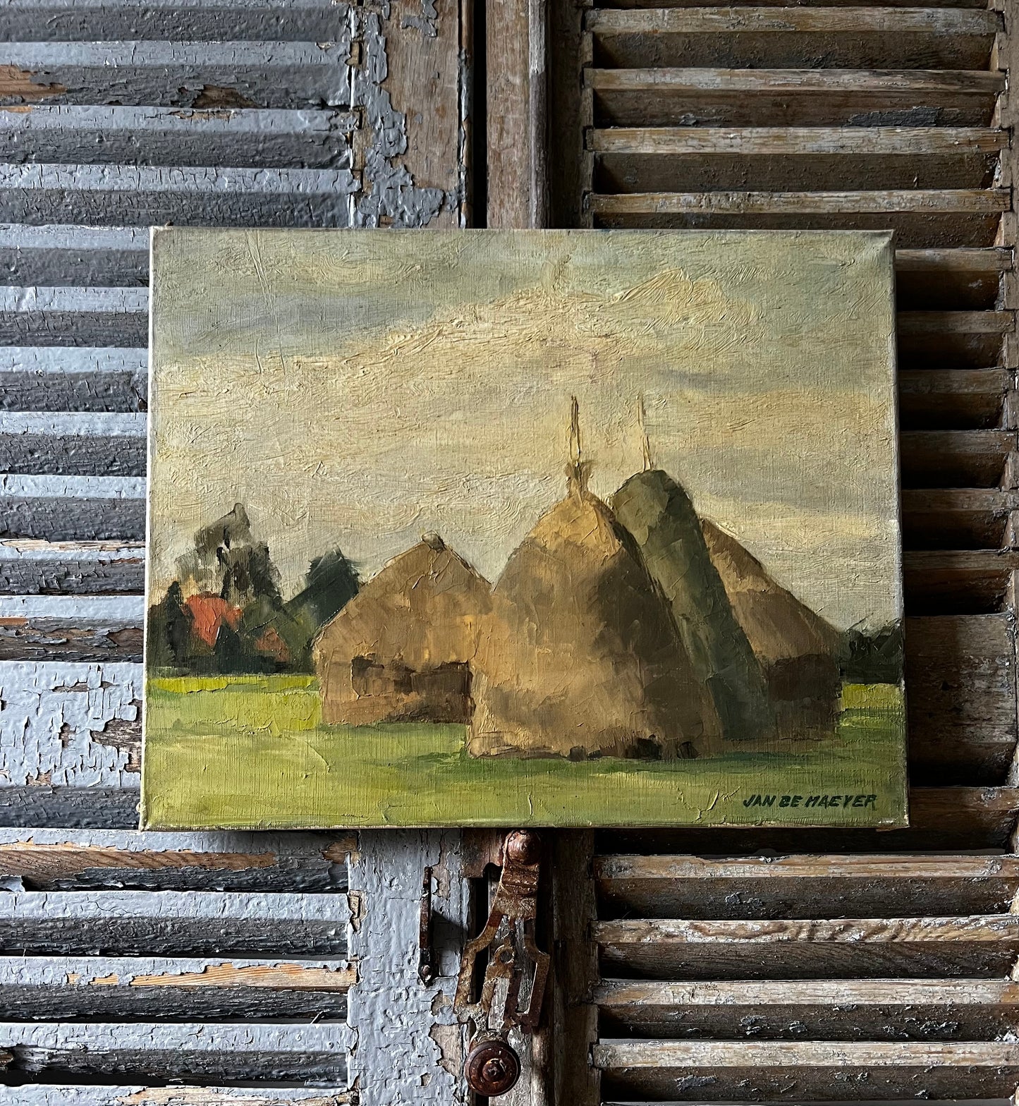 Belgian Oil on Canvas Painting of Haystacks by Jan De Maeyer