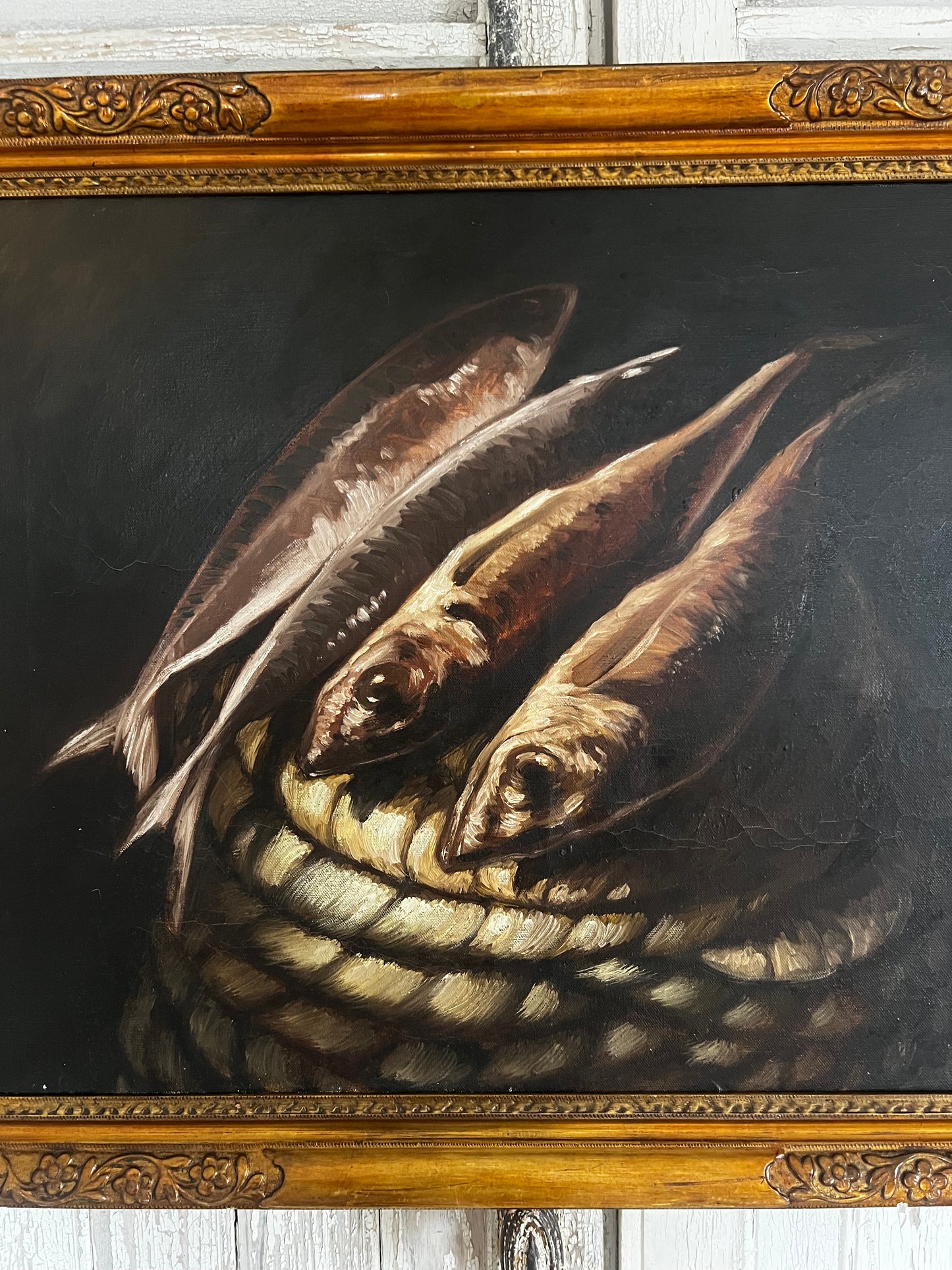 Large Vintage French Oil on Canvas Still Life Painting of Fish