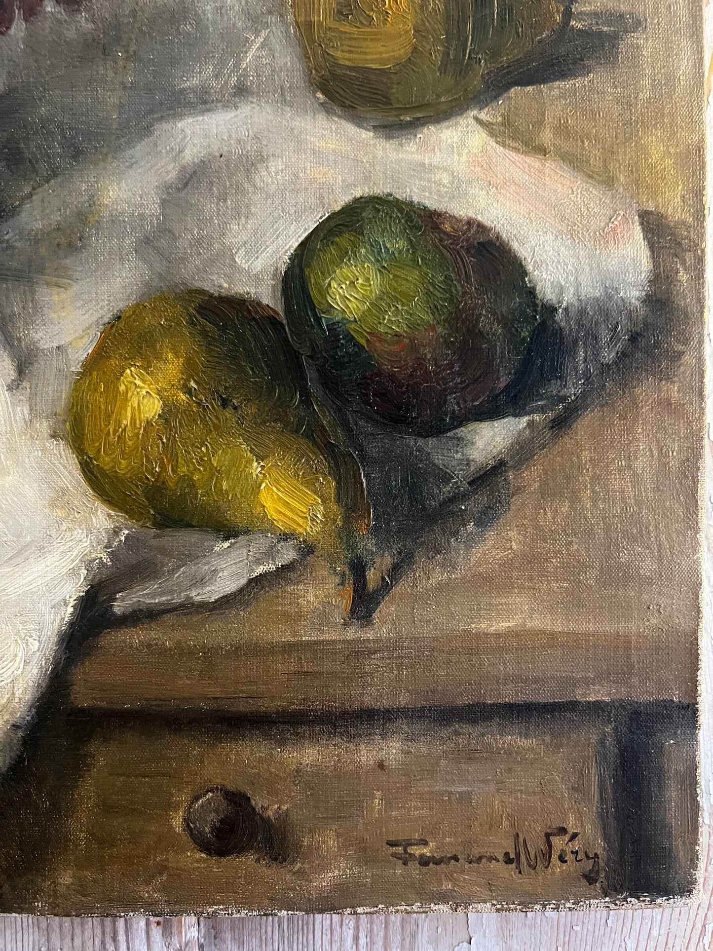 French 1930’s Still Life Oil Painting on Canvas Pears & Flowers