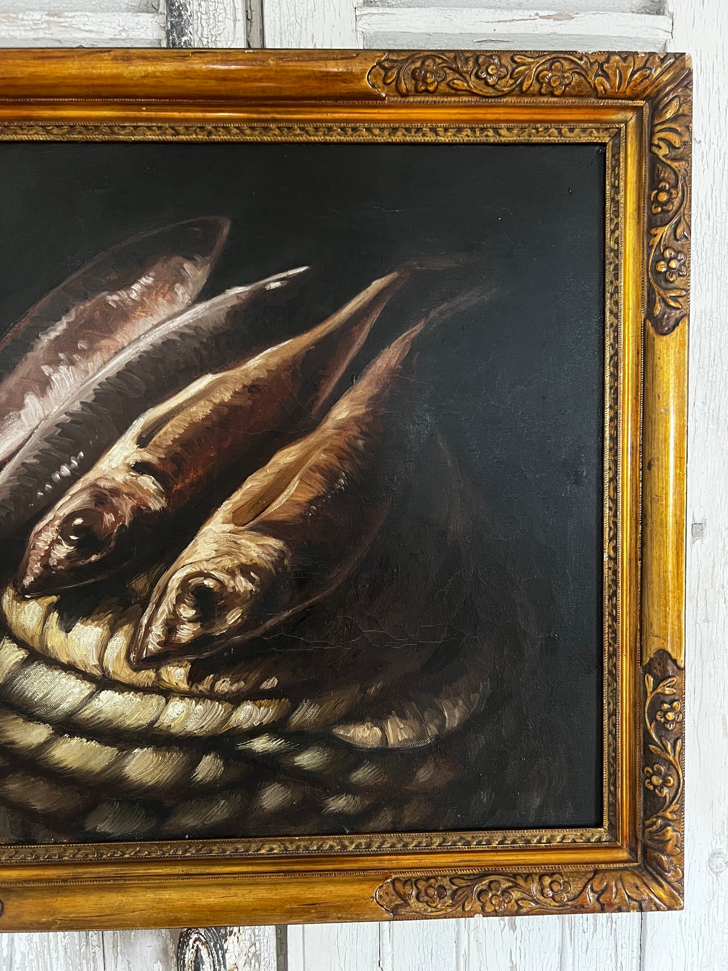 Large Vintage French Oil on Canvas Still Life Painting of Fish