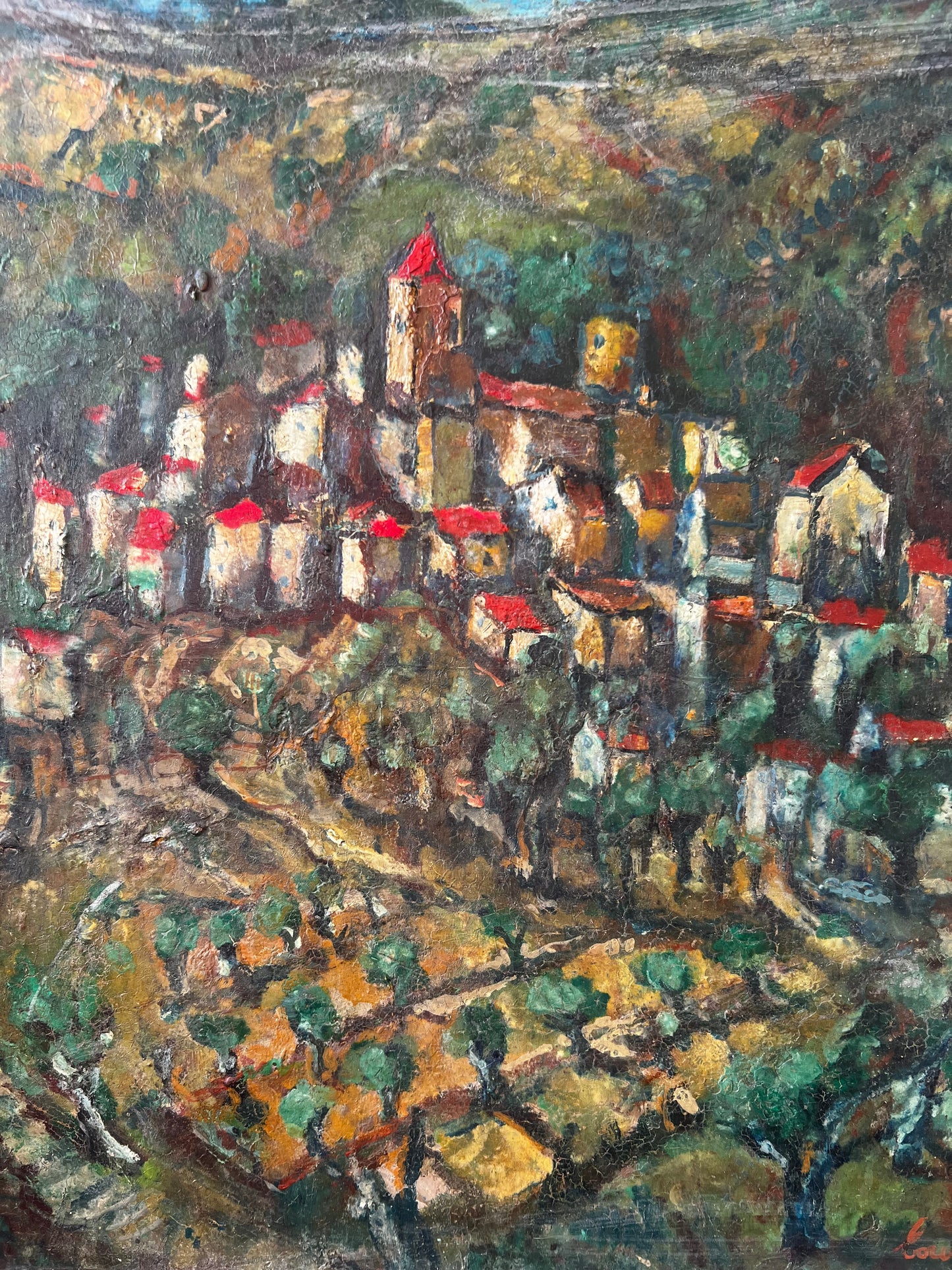 Large Provence Oil Painting of a Hilltop Village & Vineyard 1920