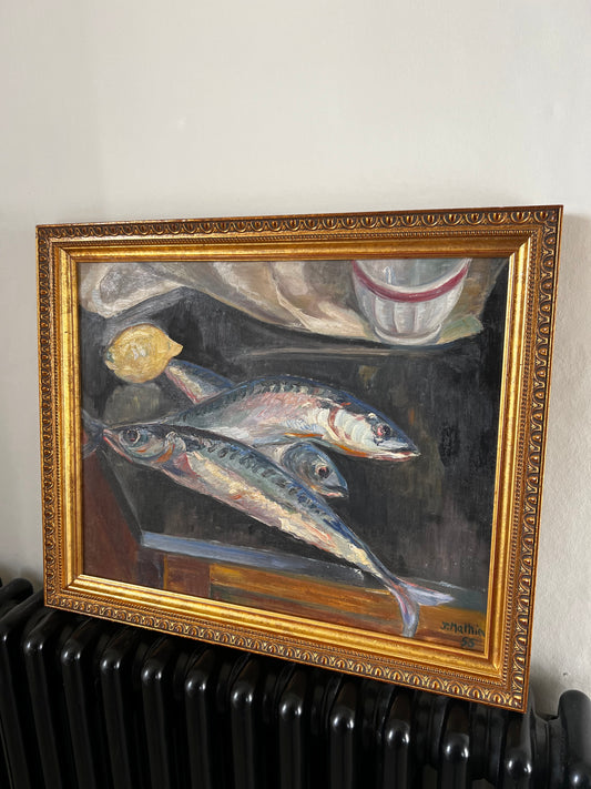 Vintage Mackerels & Lemon French Still Life Fish Oil Painting by J Mathieu 1955