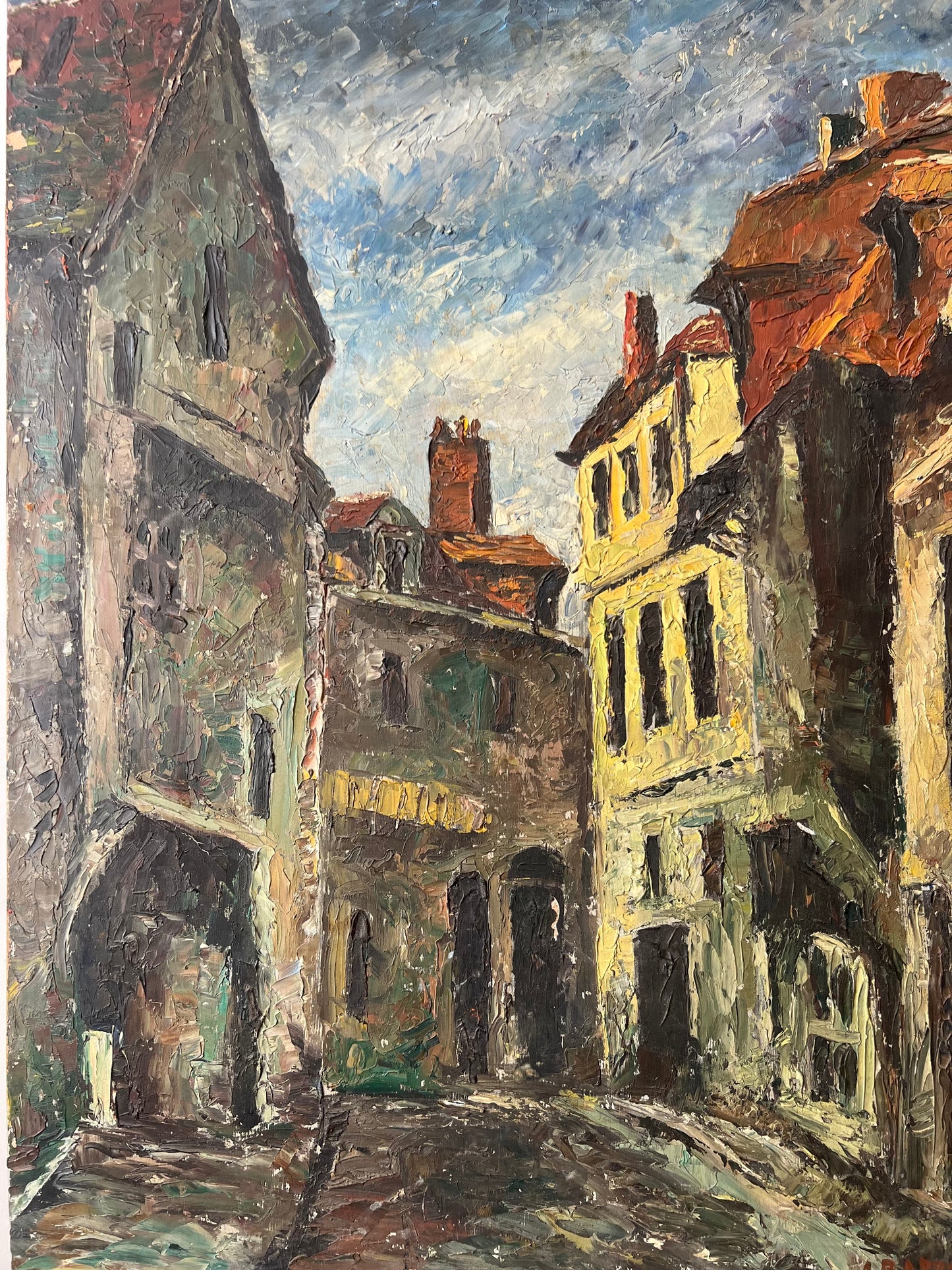 Large French Impasto Street Scene Oil Painting