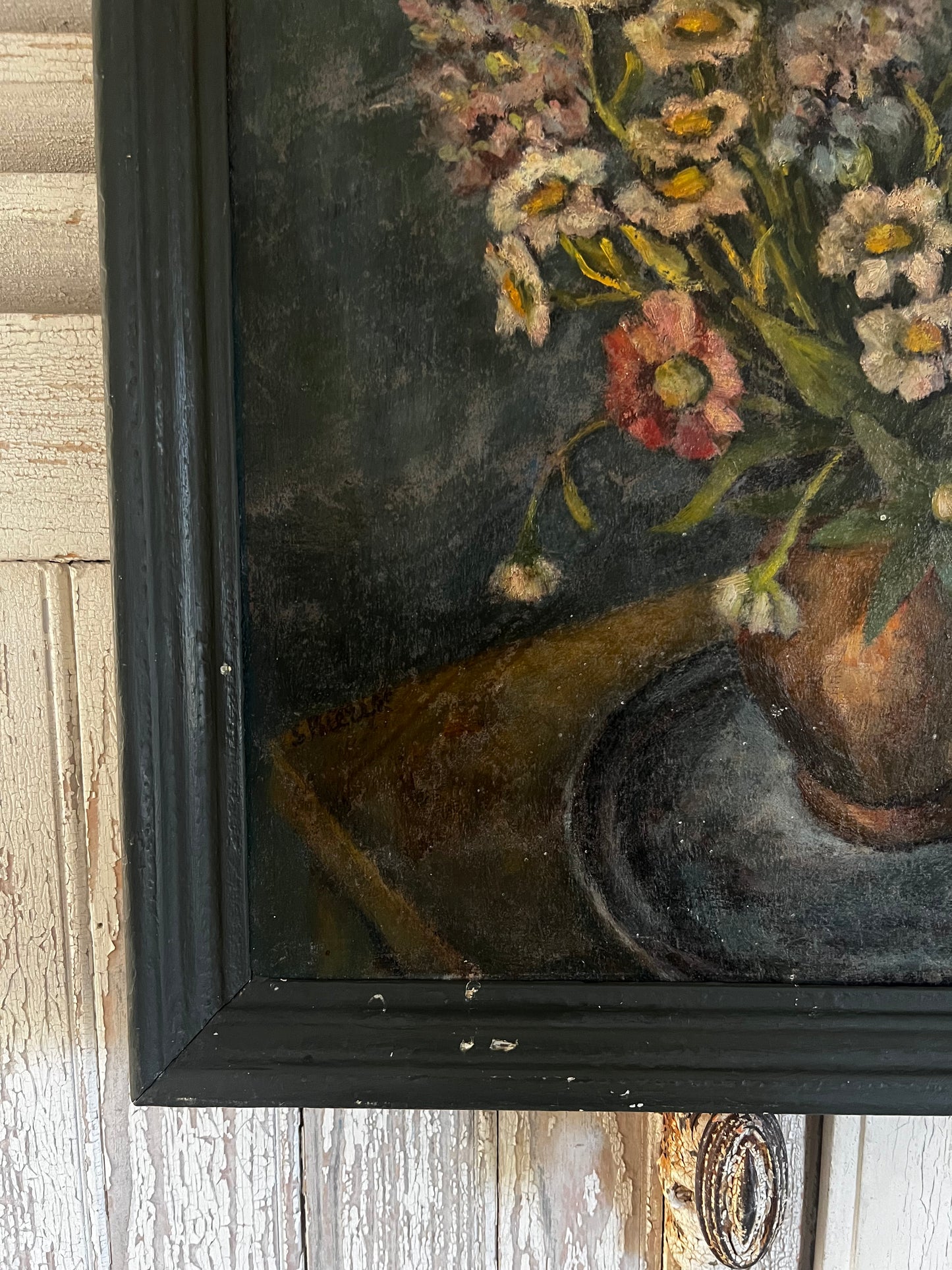 Large French Dark Floral Oil Painting