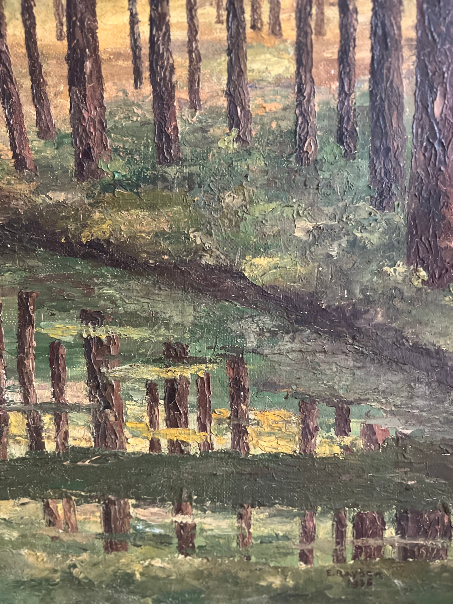 French Oil on Board Painting ‘Tree Reflections’