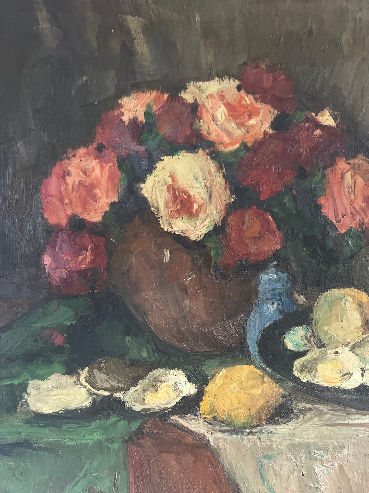 Large Post Impressionist Belgian Oil on Canvas Still Life Painting by Richard-Leon Leutenez 1881-1963 Roses & Oysters
