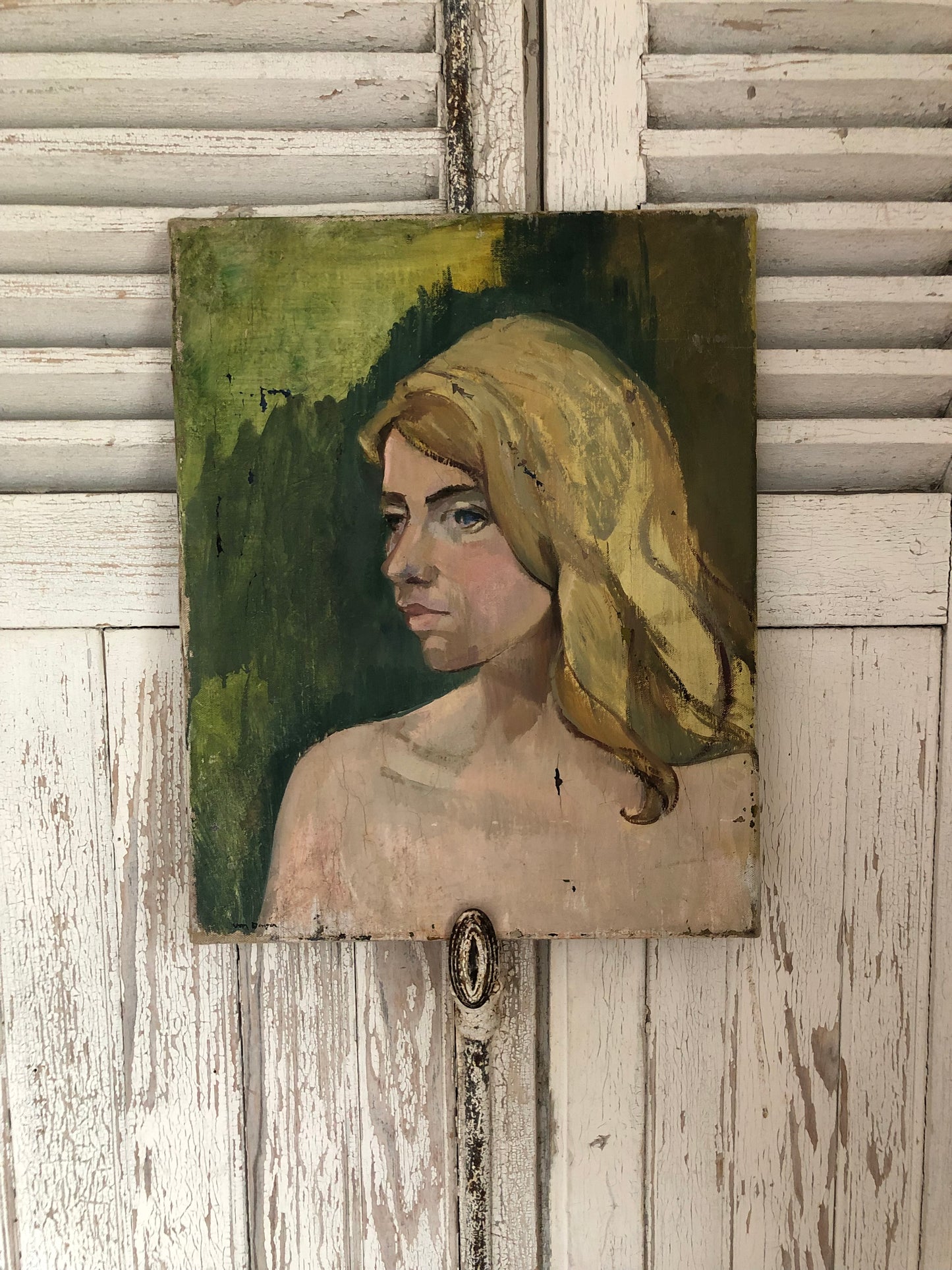 French Mid century oil on canvas portrait painting of a young woman