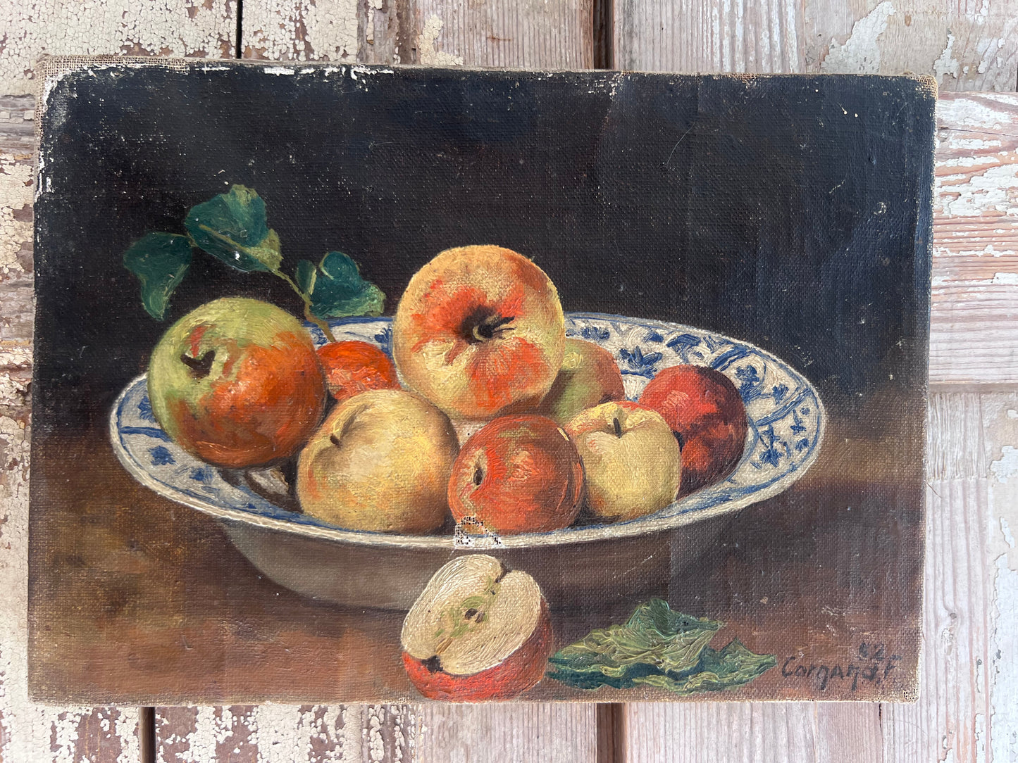 Small French Oil on Canvas Painting ‘Apples in Bowl’