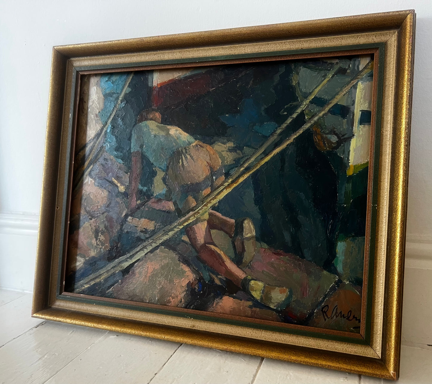 Large Framed Swedish Oil Painting Boy on a Yacht