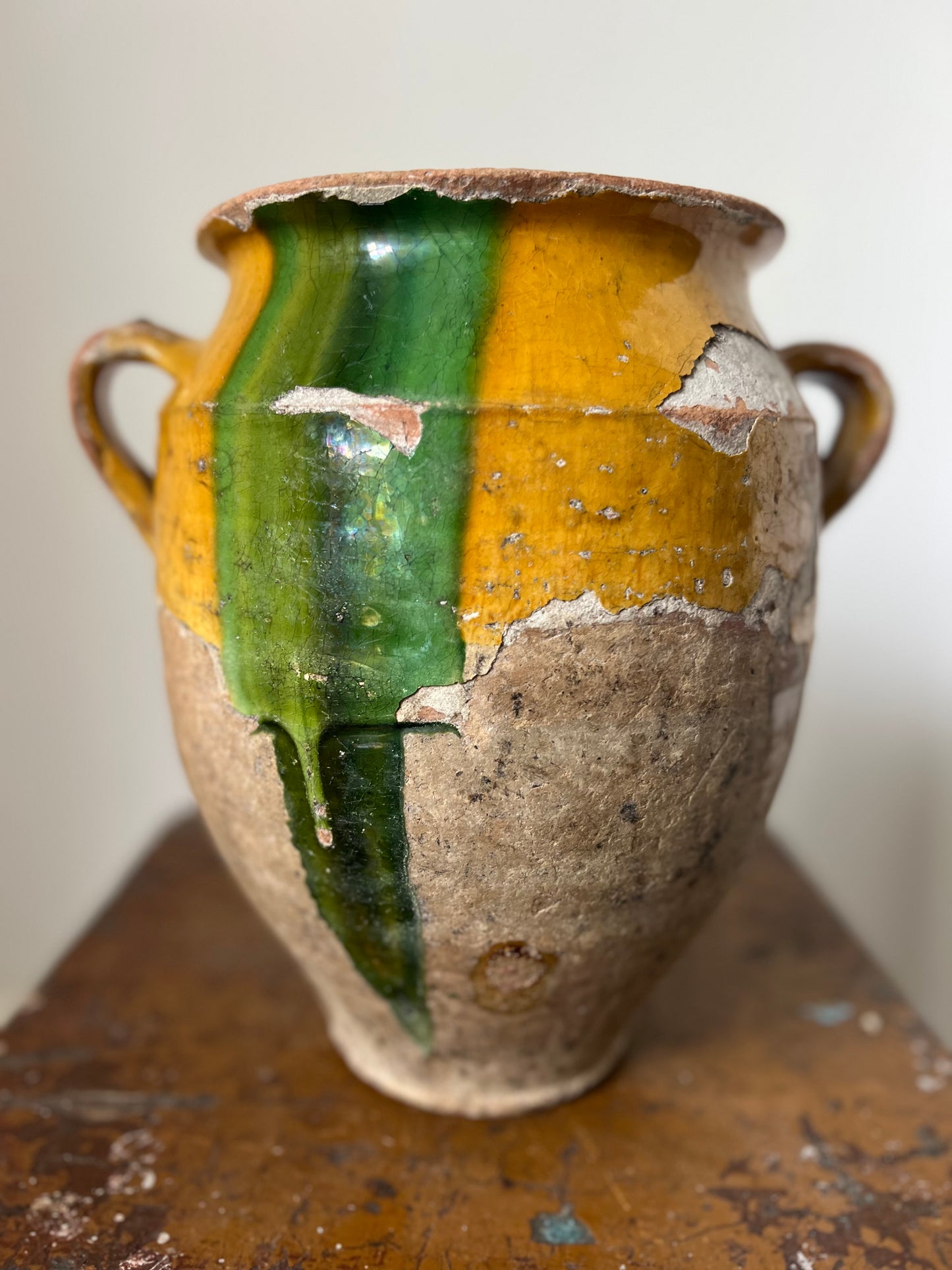 French Antique Large Confit Pot with gorgeous green flashes
