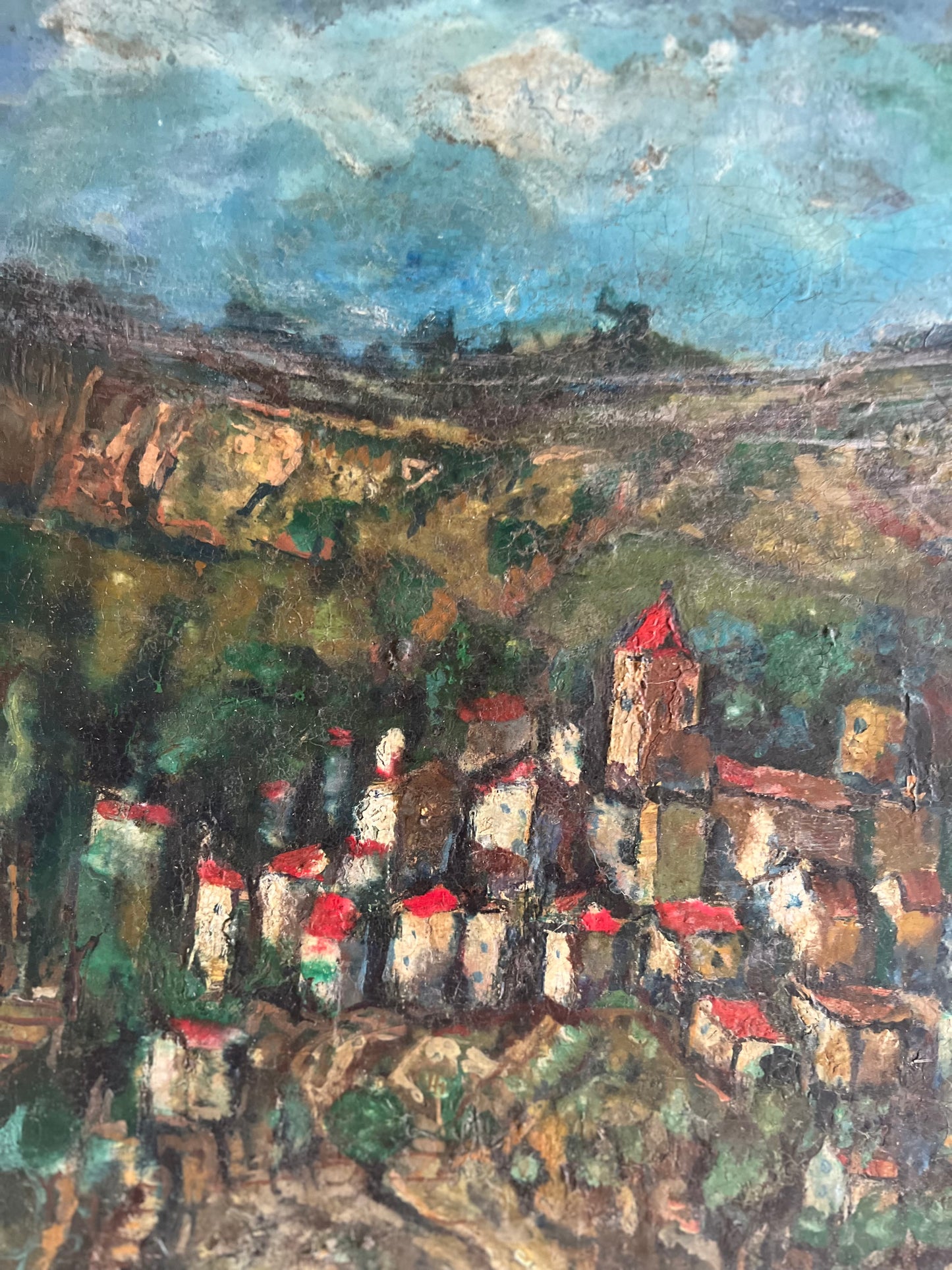 Large Provence Oil Painting of a Hilltop Village & Vineyard