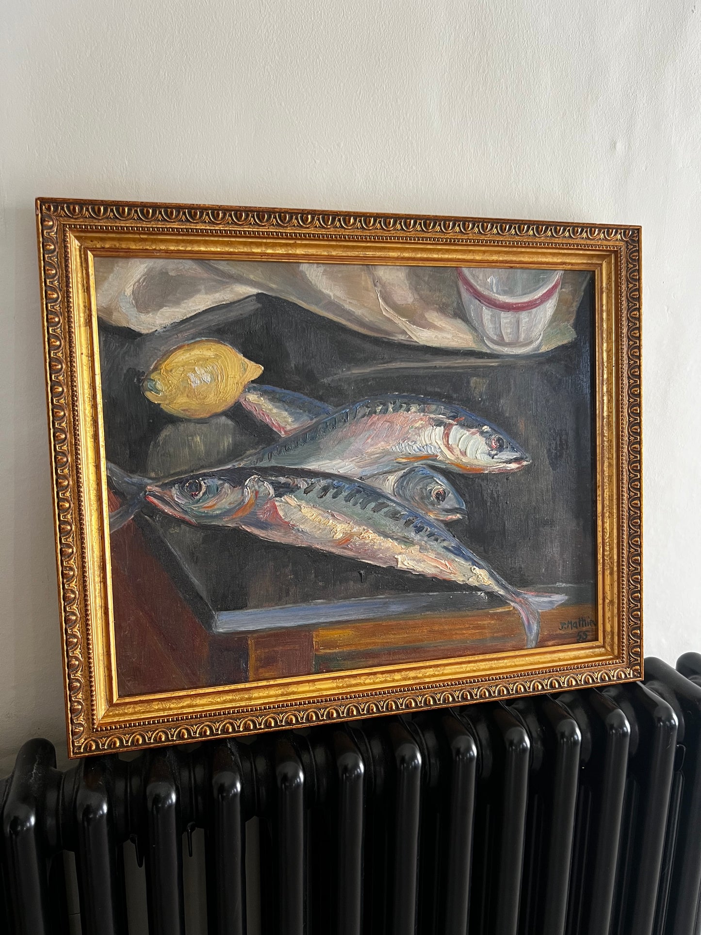 Vintage Mackerels & Lemon French Still Life Fish Oil Painting by J Mathieu 1955