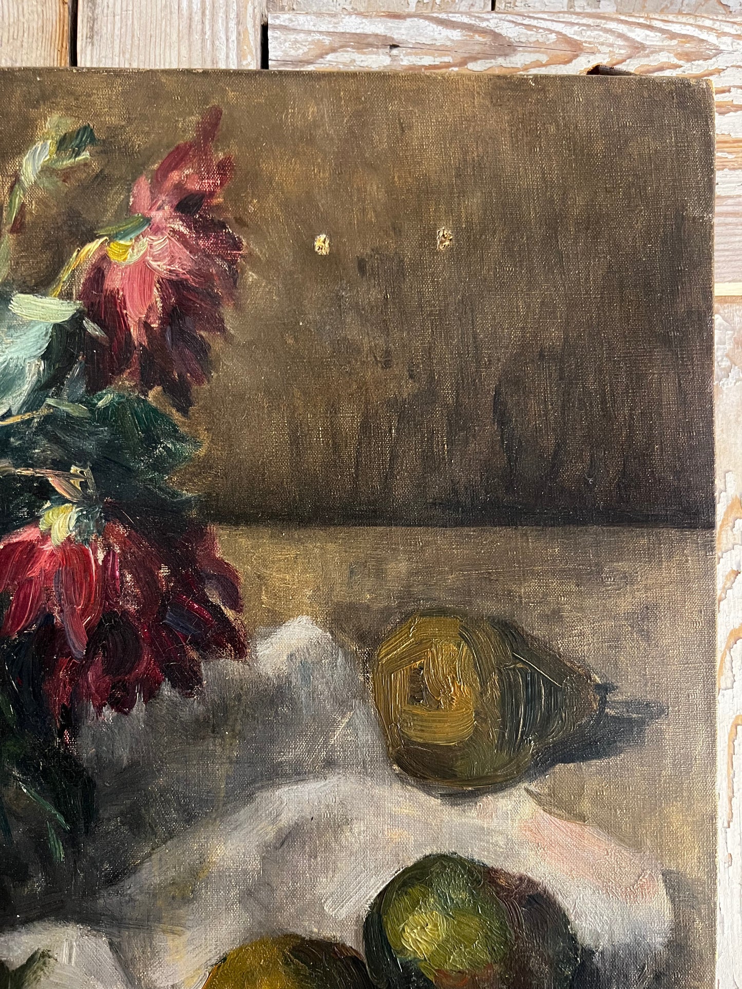 French 1930’s Still Life Oil Painting on Canvas Pears & Flowers