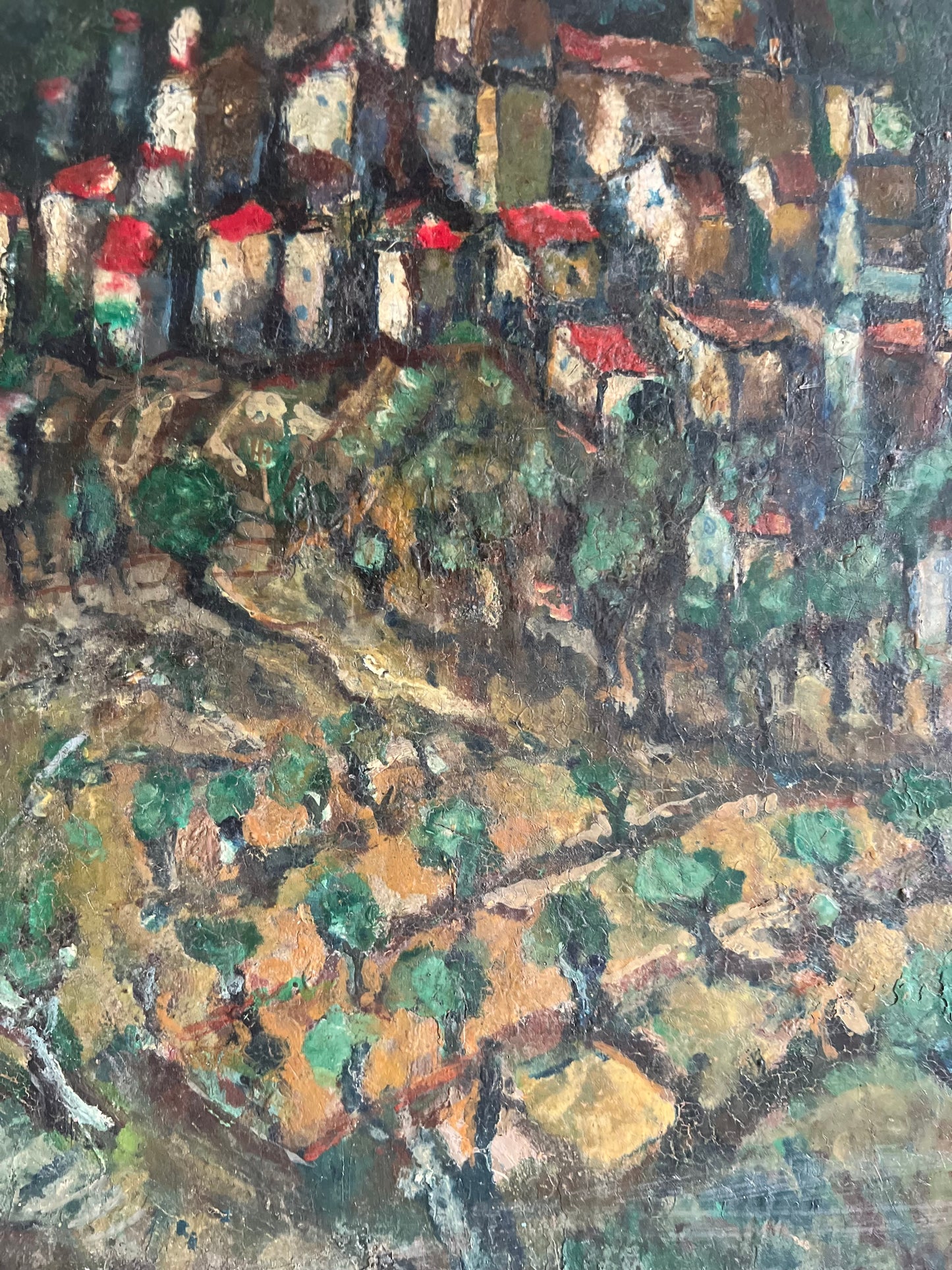 Large Provence Oil Painting of a Hilltop Village & Vineyard