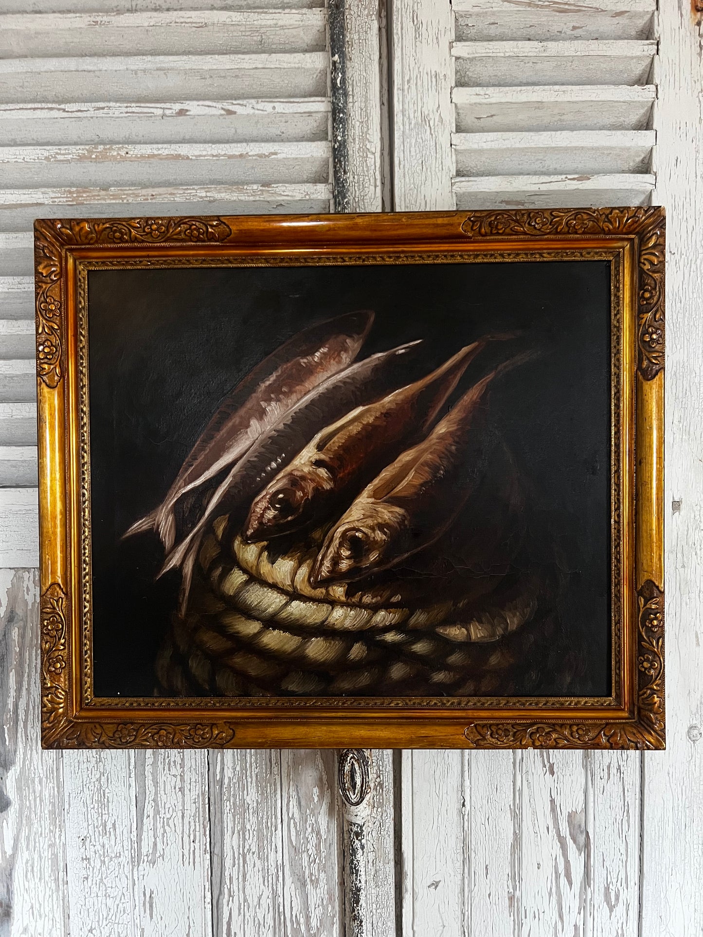 Large Vintage French Oil on Canvas Still Life Painting of Fish