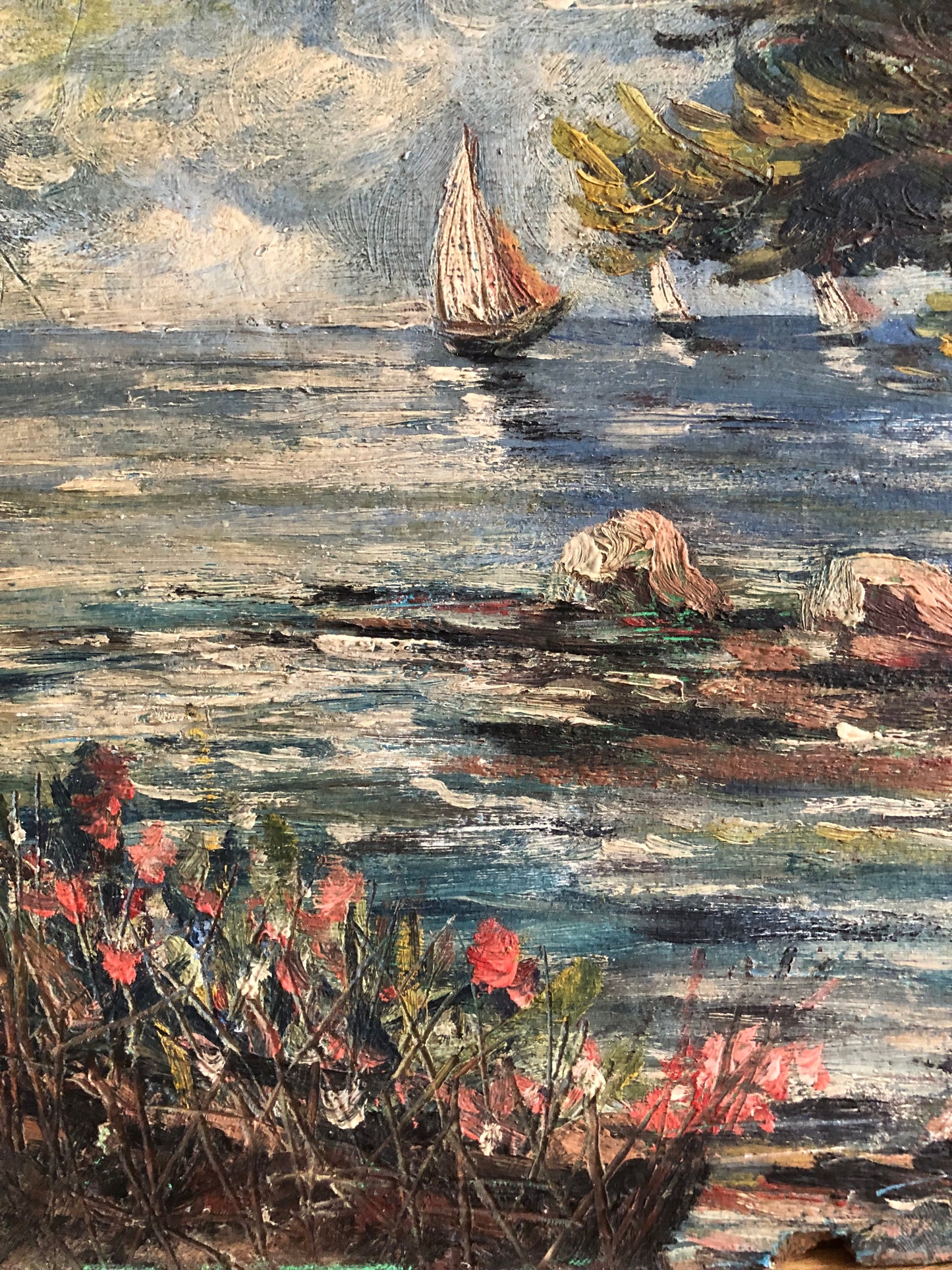 French 1930’s Oil on board seascape painting of Yachts on the Provence coast