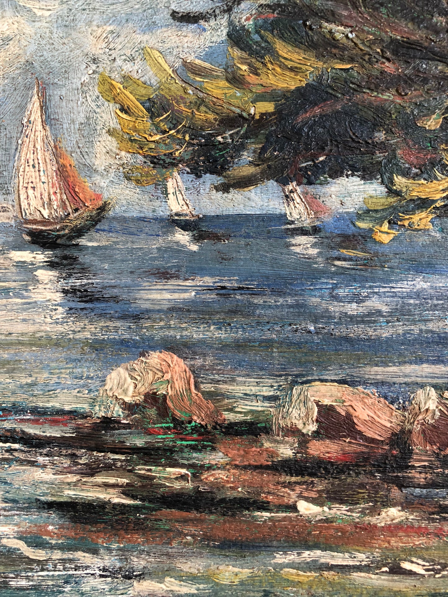 French 1930’s Oil on board seascape painting of Yachts on the Provence coast