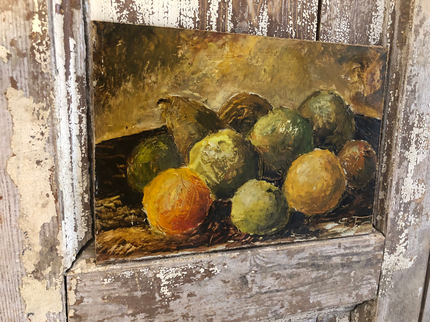 French small acrylic still life painting of fruit