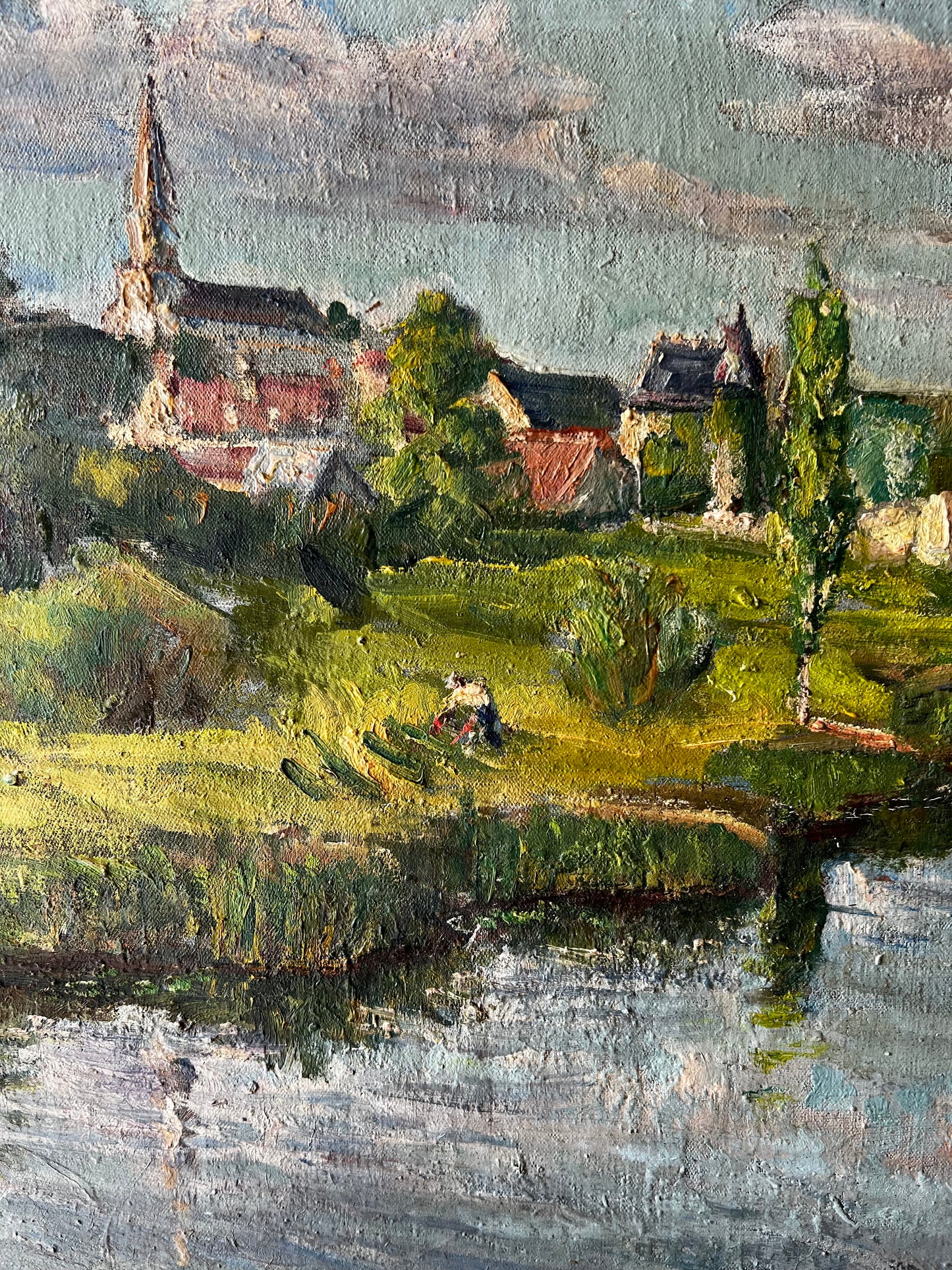 Large French Oil on Canvas Landscape Painting Dated 1944