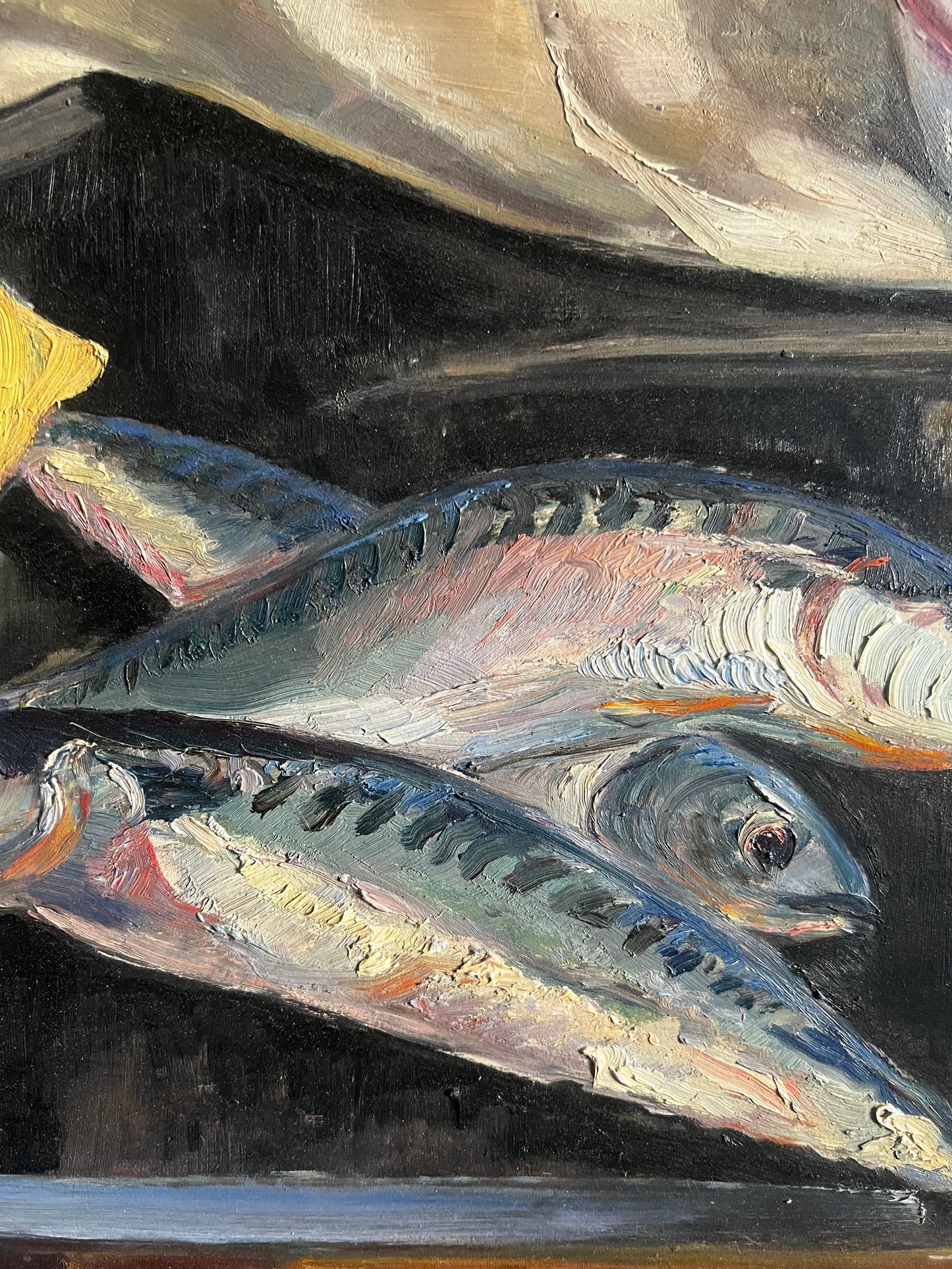 Vintage Mackerels & Lemon French Still Life Fish Oil Painting by J Mathieu 1955