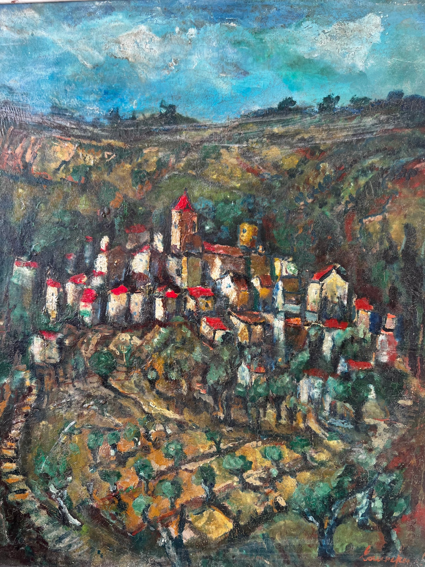 Large Provence Oil Painting of a Hilltop Village & Vineyard 1920