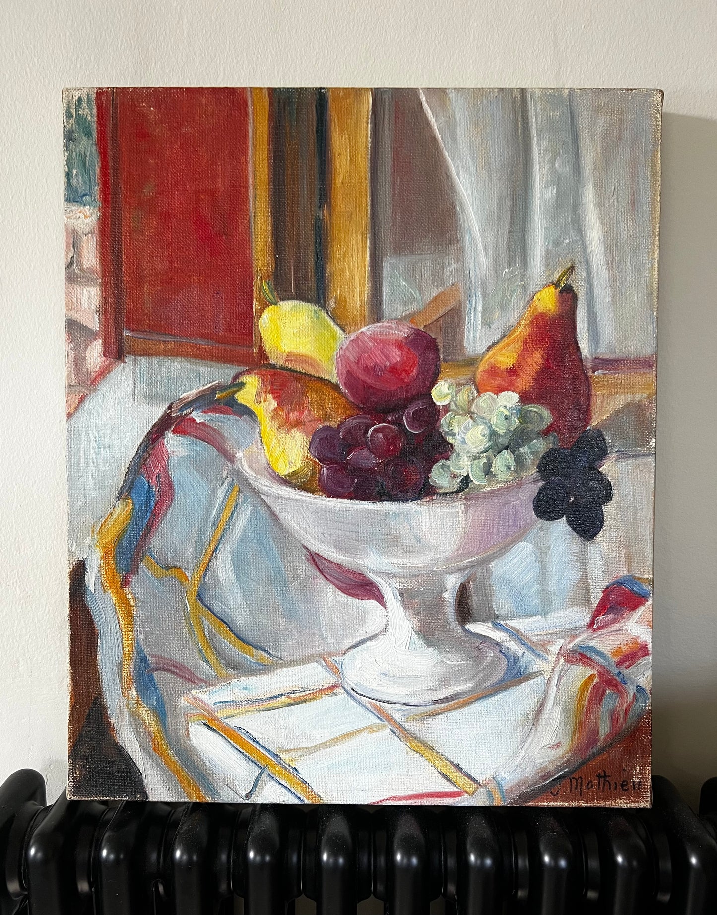 French Mid Century Still Life Oil Painting on Canvas by J Mathieu dated 1963