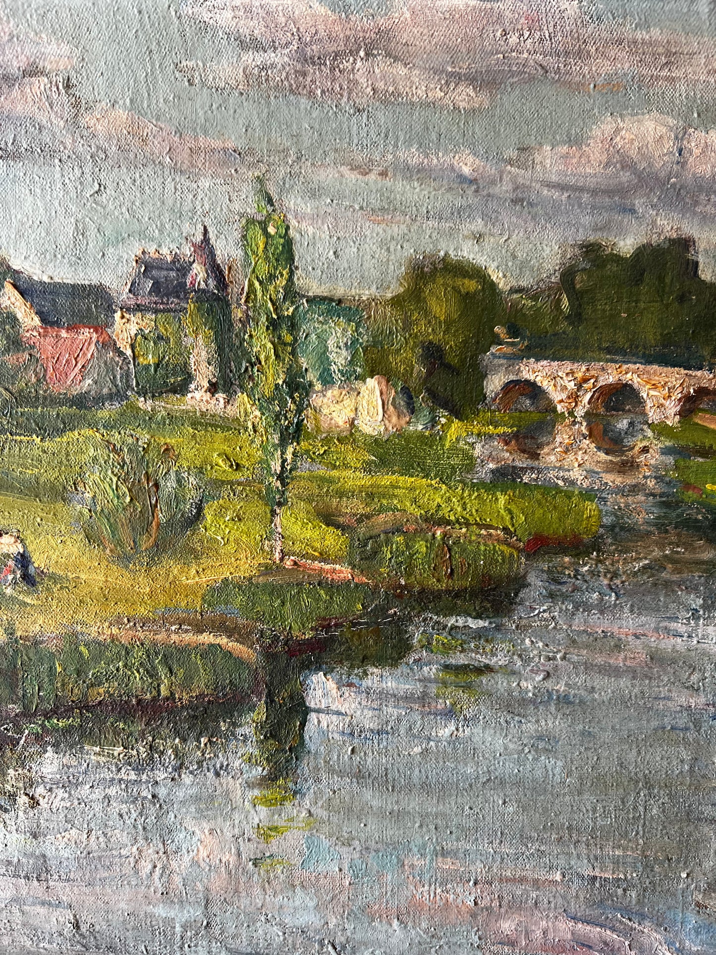 Large French Oil on Canvas Landscape Painting Dated 1944