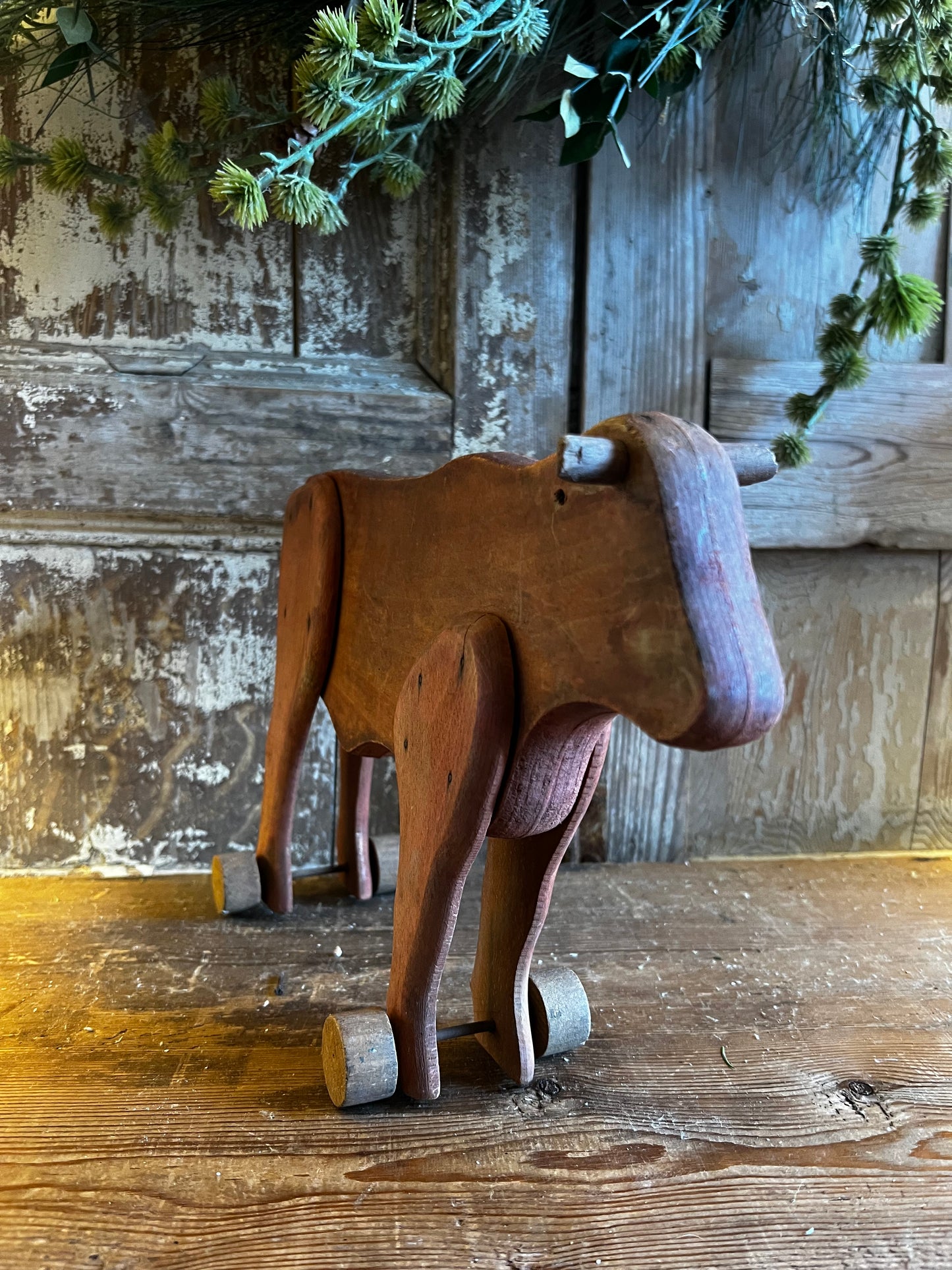 Vintage French Wooden Cow on wheels