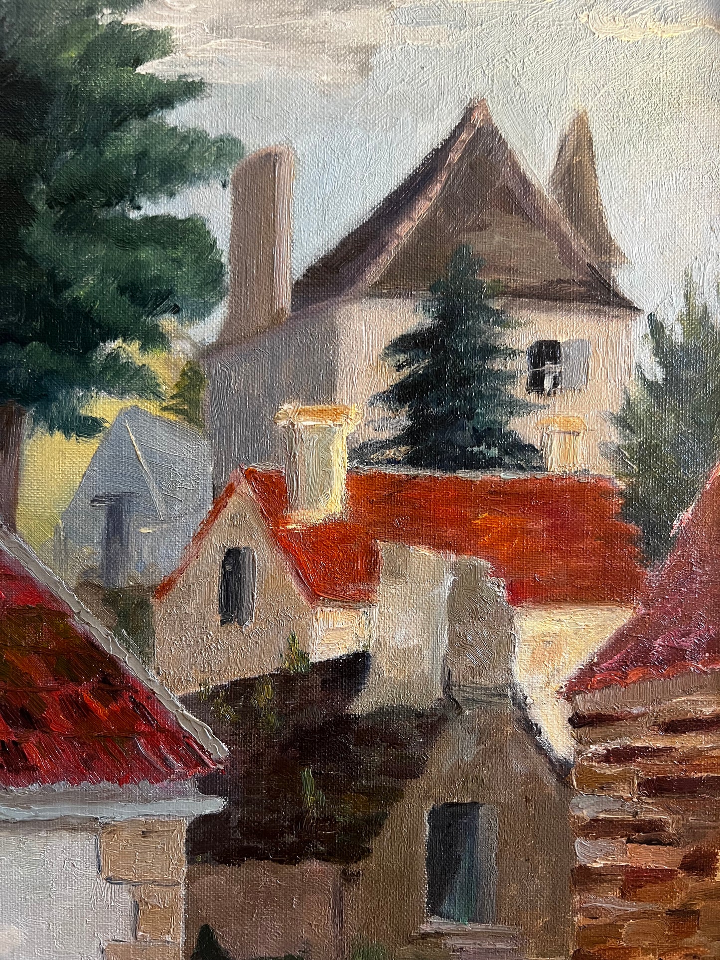 Vintage French Oil on Board Painting ‘ Roof Tops ‘