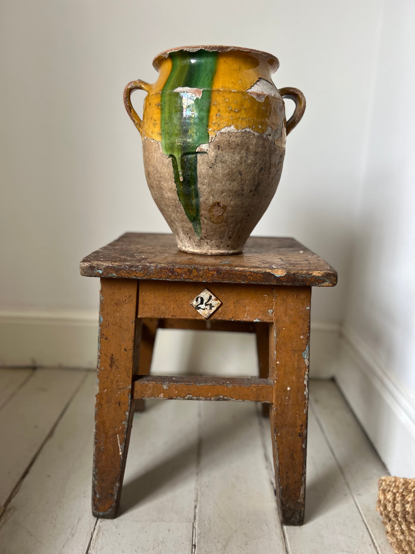 French Antique Large Confit Pot with gorgeous green flashes