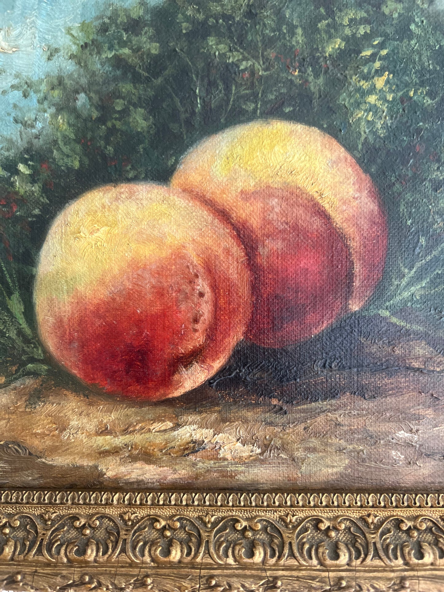 RESERVED FOR CARRIE Antique Framed Small oil Painting on canvas of Peaches dated 1892