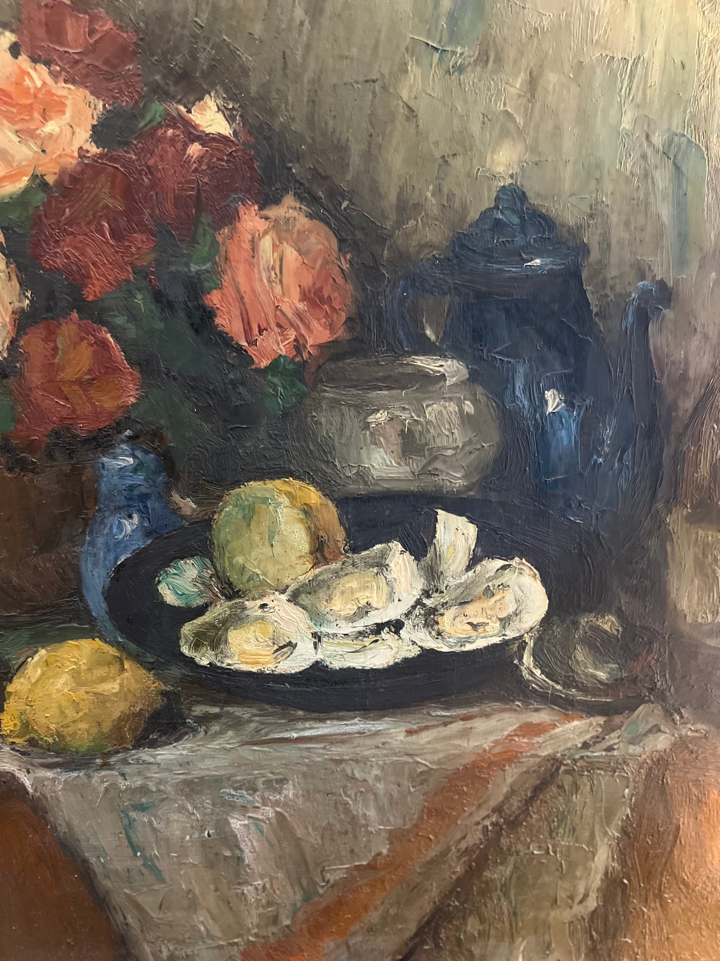 Large Post Impressionist Belgian Oil on Canvas Still Life Painting by Richard-Leon Leutenez 1881-1963 Roses & Oysters